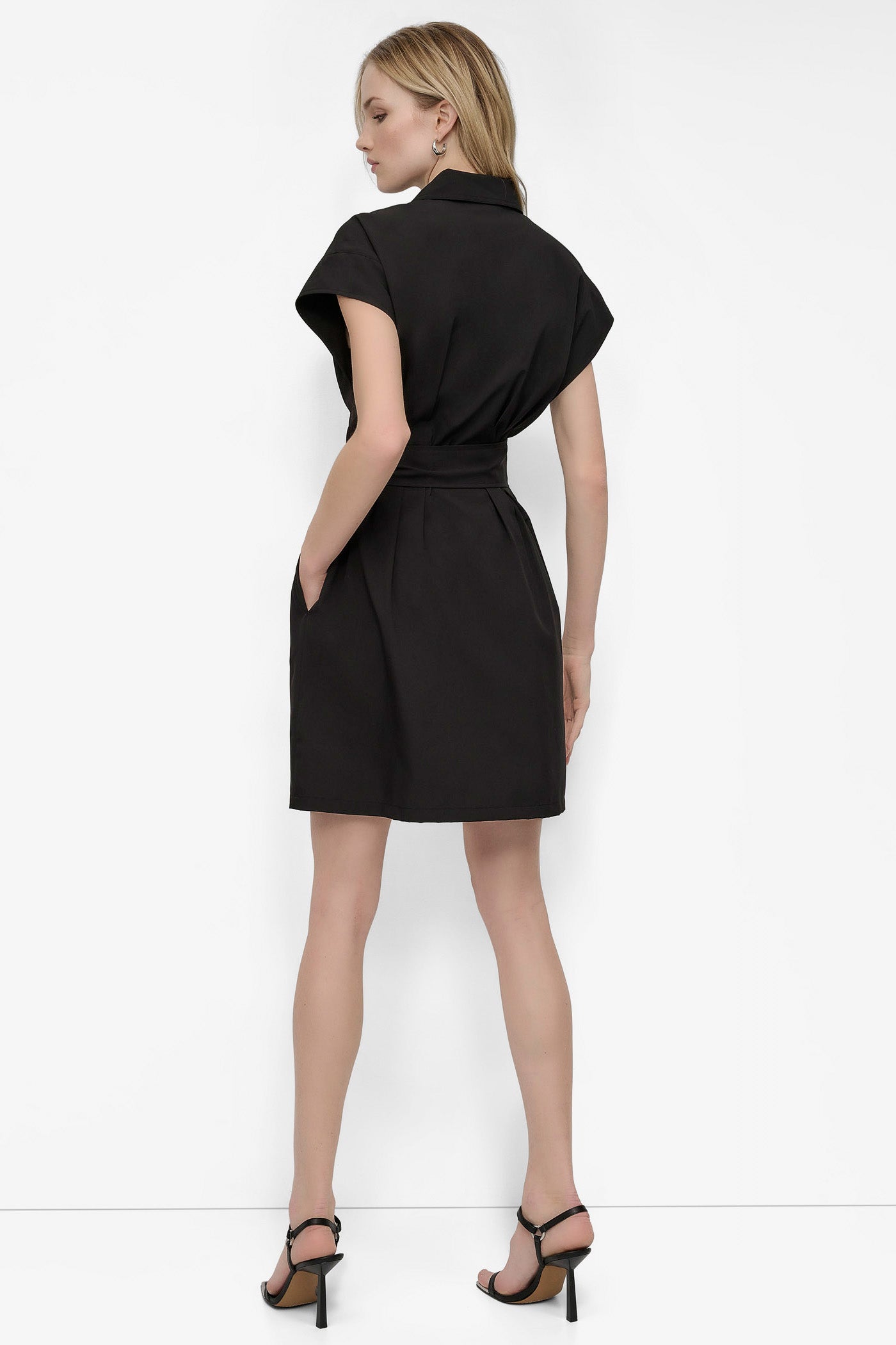 Black BELTED COMMUTER  FIT & FLARE SHIRT DRESS, BACK VIEW | SALE DRESSES