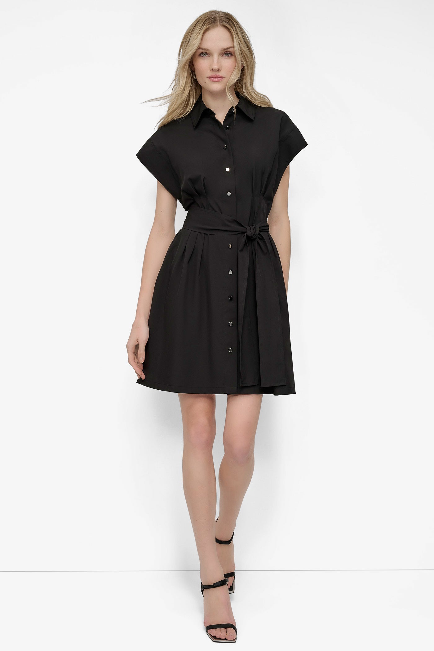 Black BELTED COMMUTER  FIT & FLARE SHIRT DRESS, FRONT VIEW | SALE DRESSES
