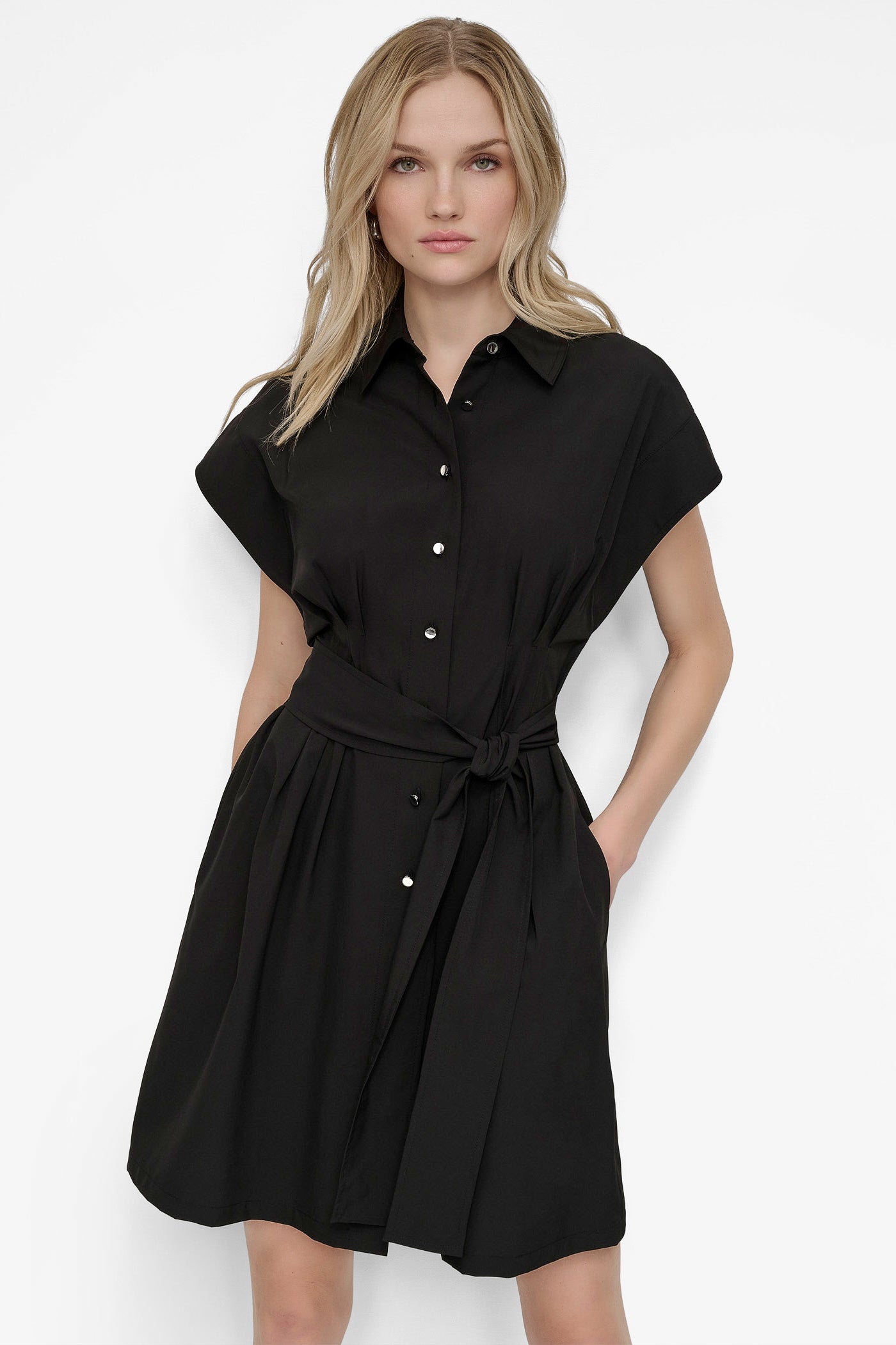 Black TIE WAIST COMMUTER DRESS, BACK VIEW | Dresses & Jumpsuits