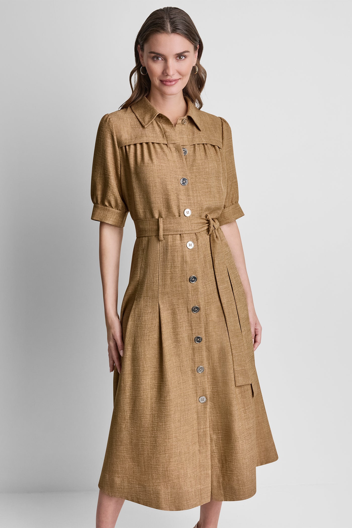 Truffle PLEATED MIDI SHIRT DRESS, VIEW 2 | New Arrivals