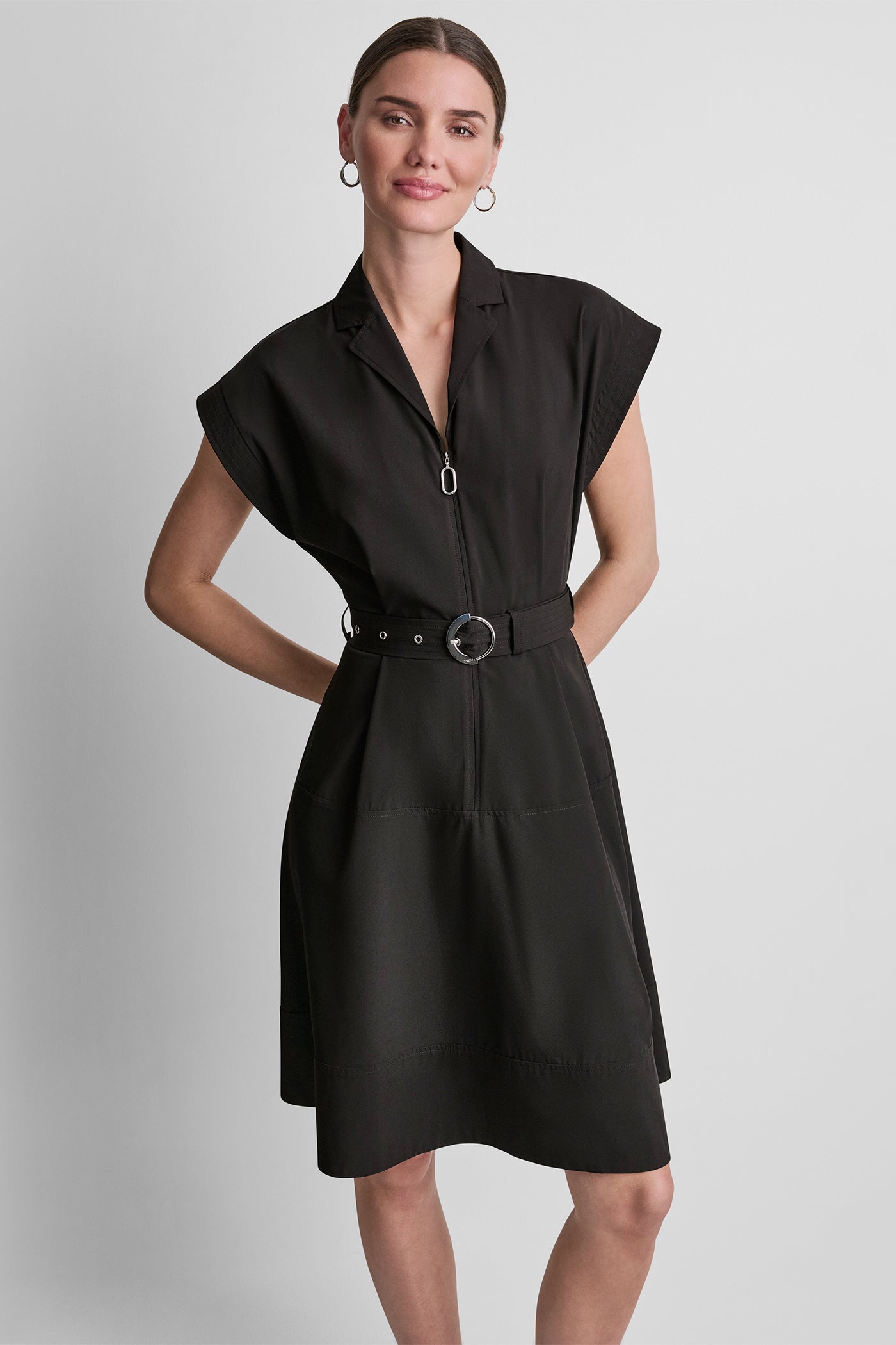 CAP SLEEVE ZIP-FRONT SHIRT DRESS - Black / 0 CAP SLEEVE ZIP-FRONT SHIRT DRESS - Black / 0