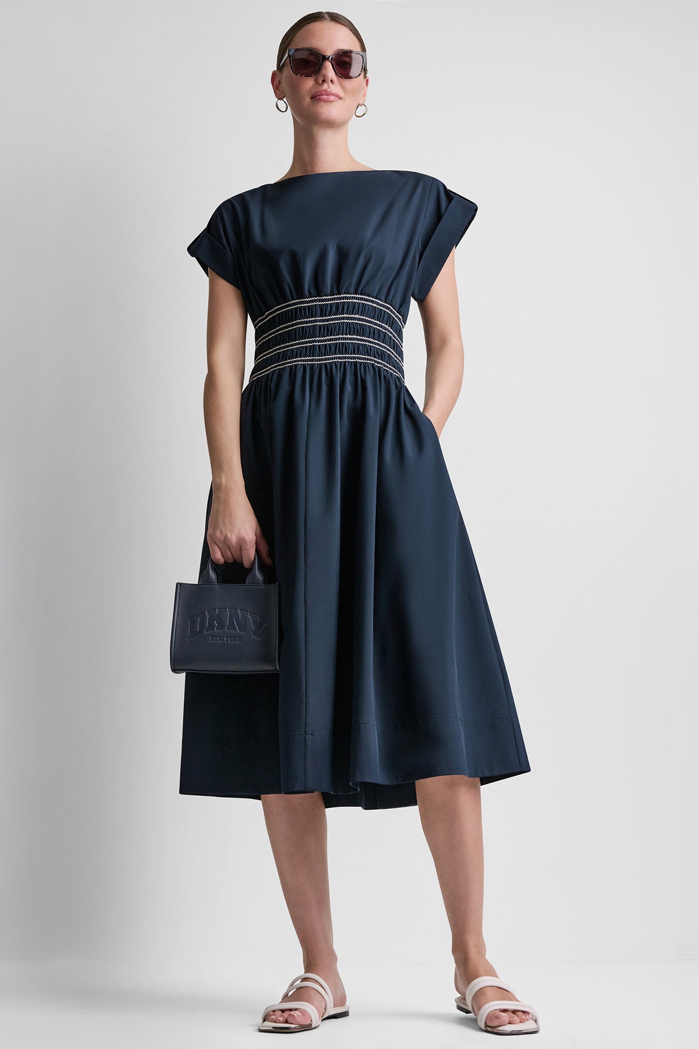 Indigo SMOCKED FIT & FLARE MIDI DRESS, VIEW 1 | Dresses & Jumpsuits