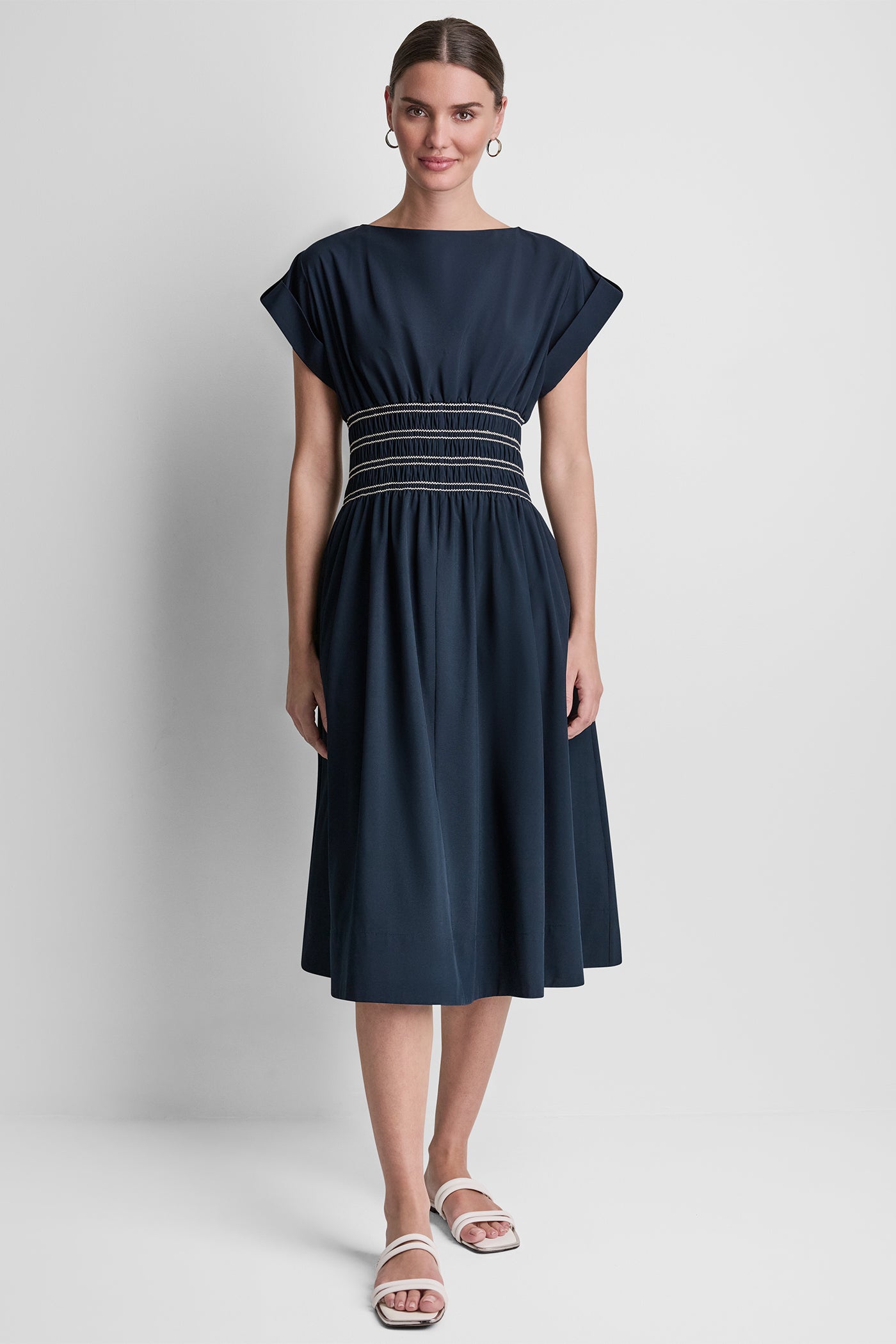 SMOCKED FIT & FLARE MIDI DRESS VIEW 5 | Dresses & Jumpsuits