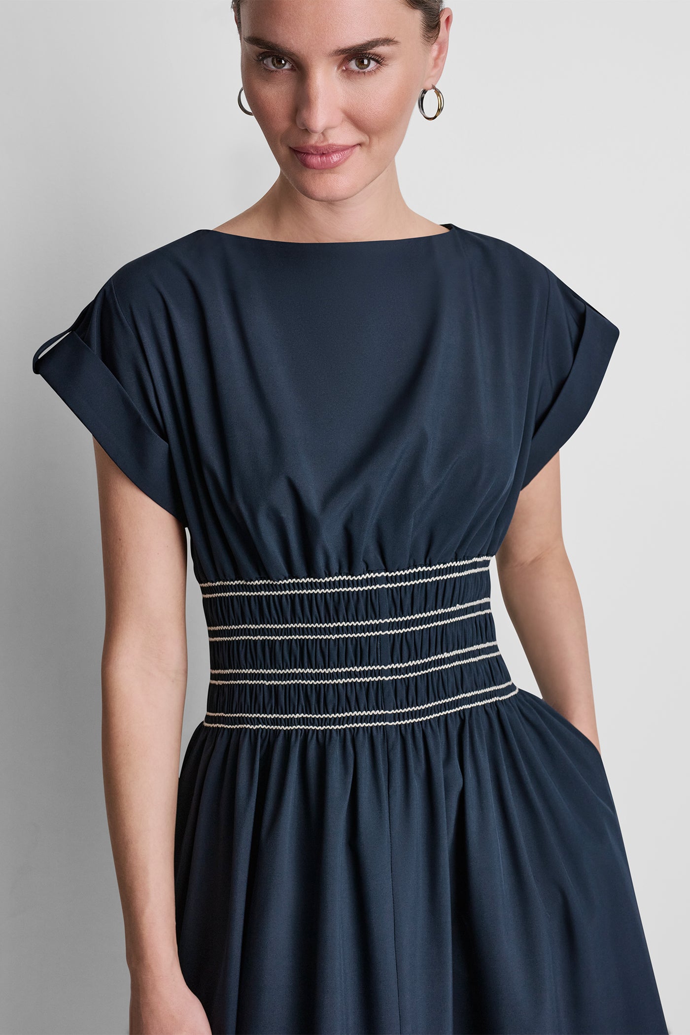 Smocked Fit & Flare Midi Dress | A-Line Dress | DKNY Smocked Fit & Flare Midi Dress | A-Line Dress | DKNY