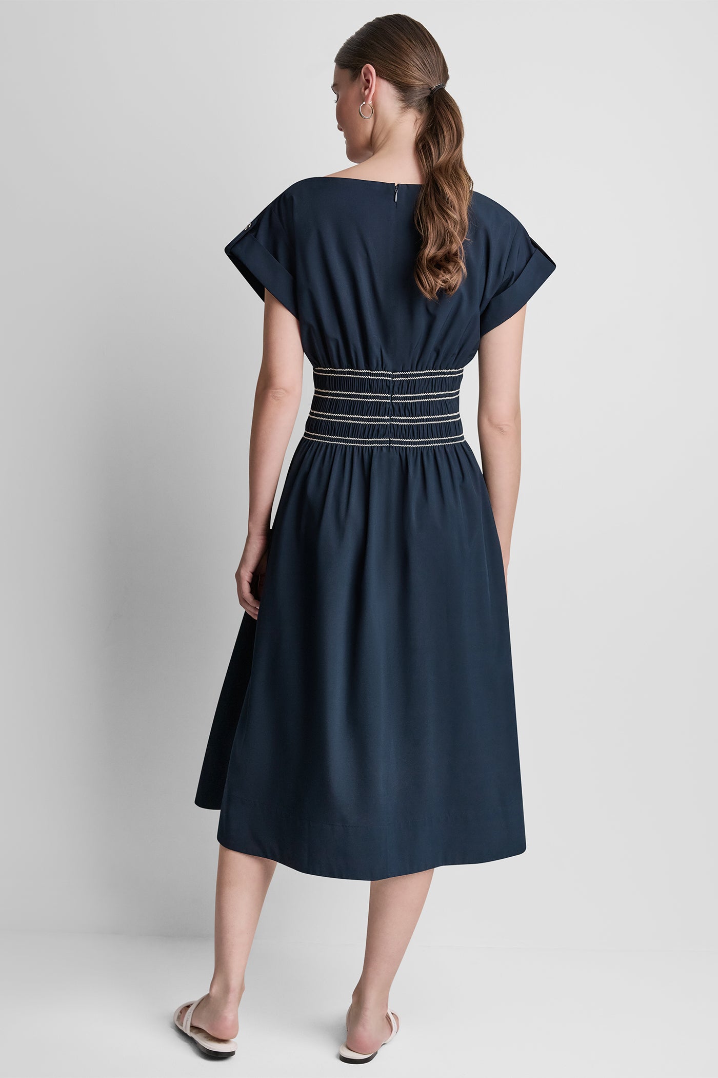 SMOCKED FIT & FLARE MIDI DRESS VIEW 3 | Dresses & Jumpsuits