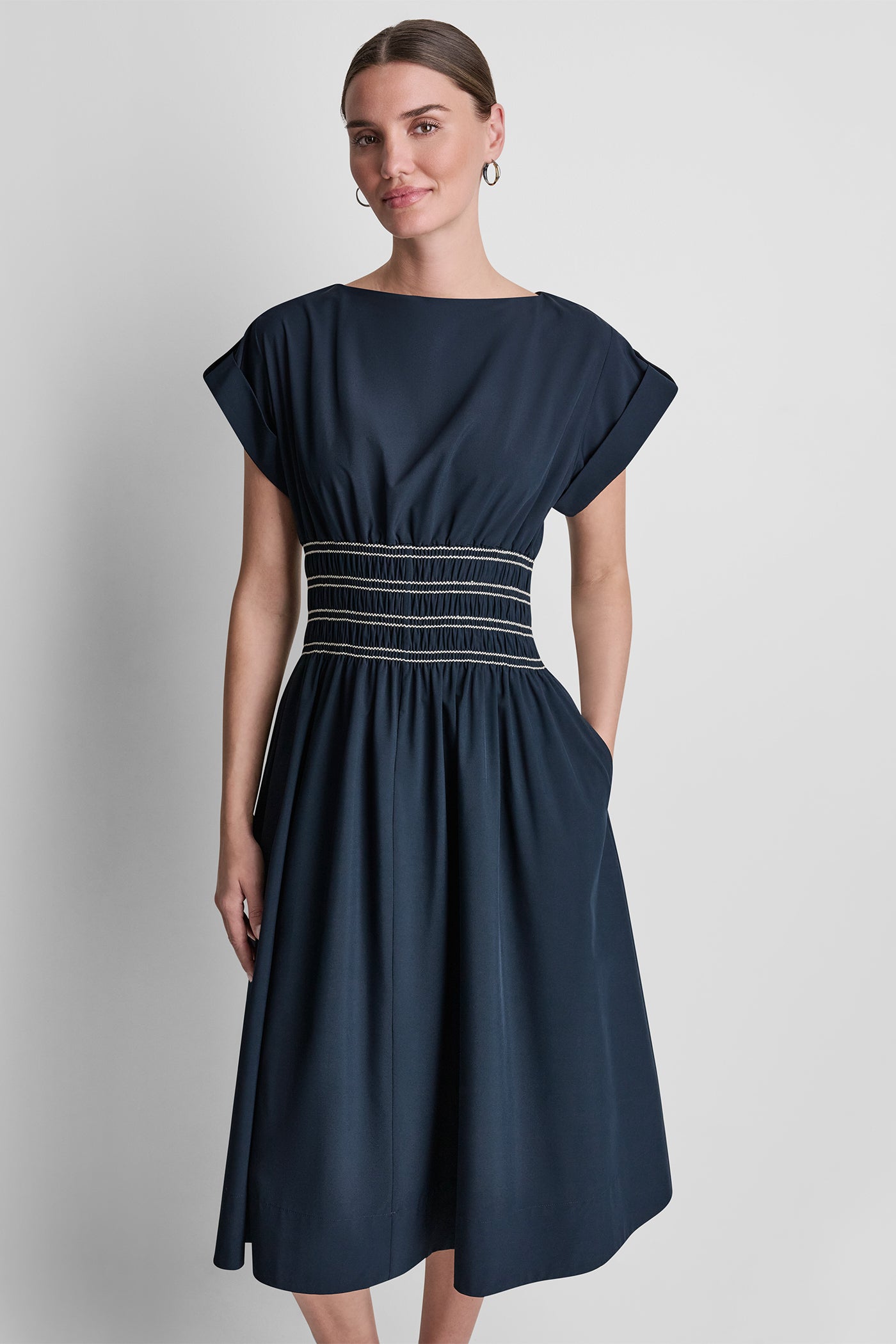 SMOCKED FIT & FLARE MIDI DRESS VIEW 6 | Dresses & Jumpsuits