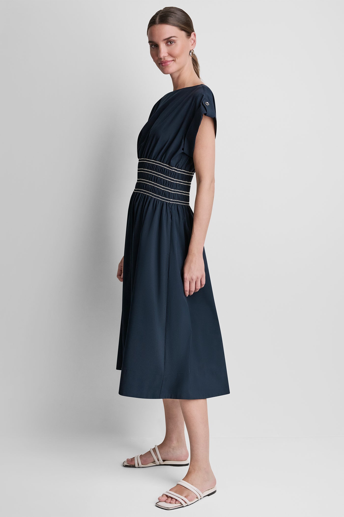 SMOCKED FIT & FLARE MIDI DRESS VIEW 4 | Dresses & Jumpsuits