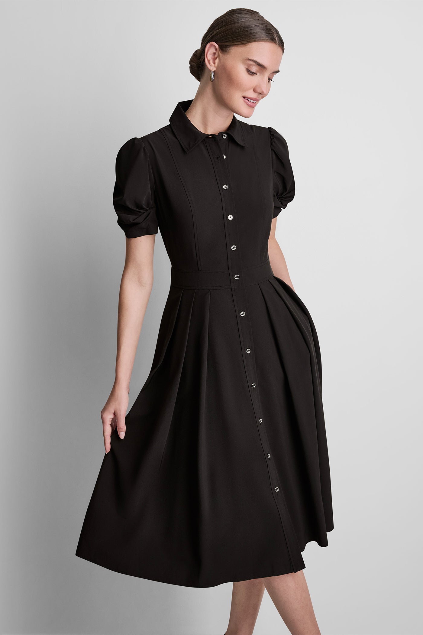 Black PUFF SLEEVE PLEATED MIDI SHIRT DRESS, VIEW 2 | New Arrivals