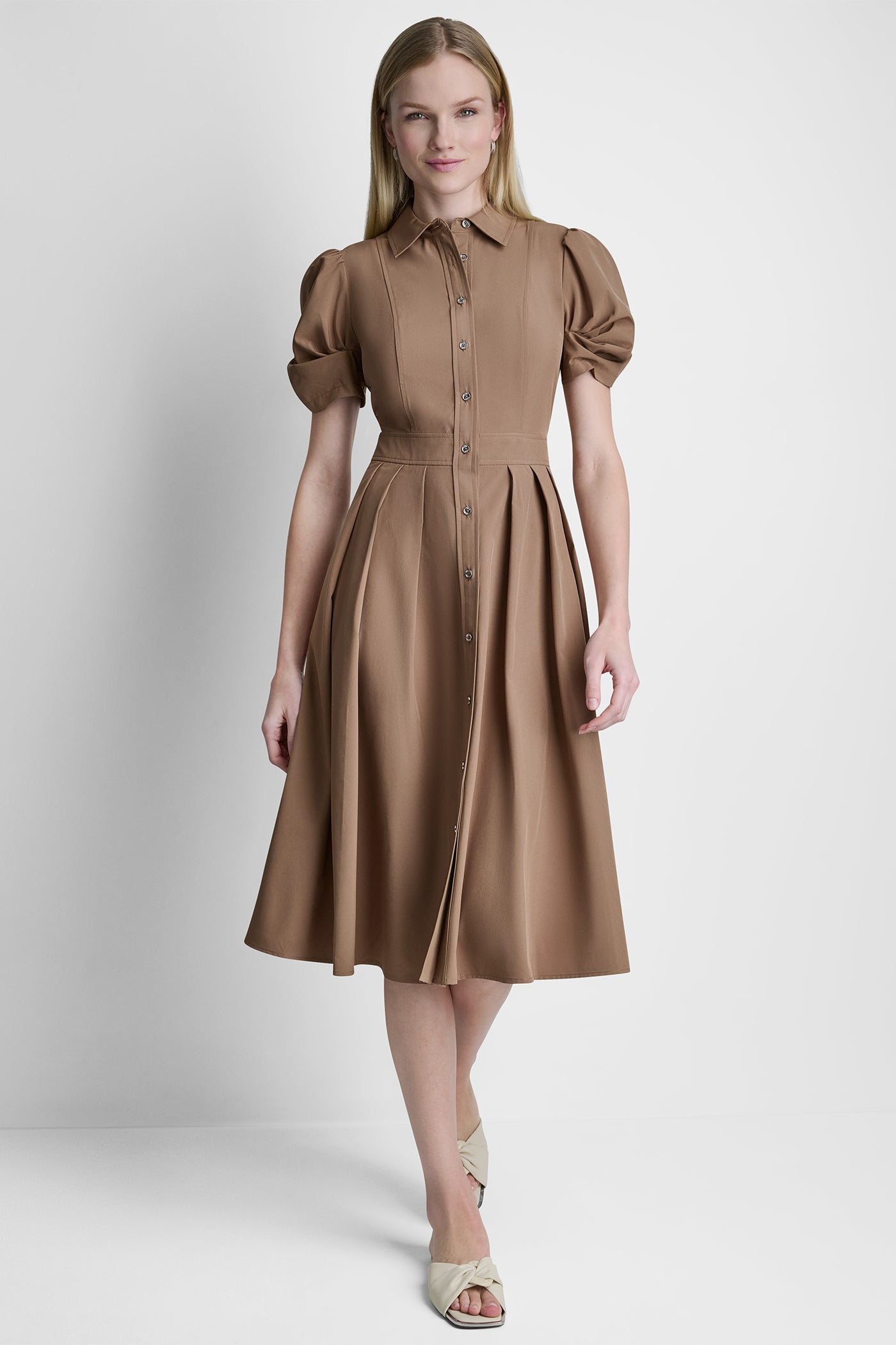 PUFF SLEEVE PLEATED MIDI SHIRT DRESS VIEW 3 | MIDI DRESSES