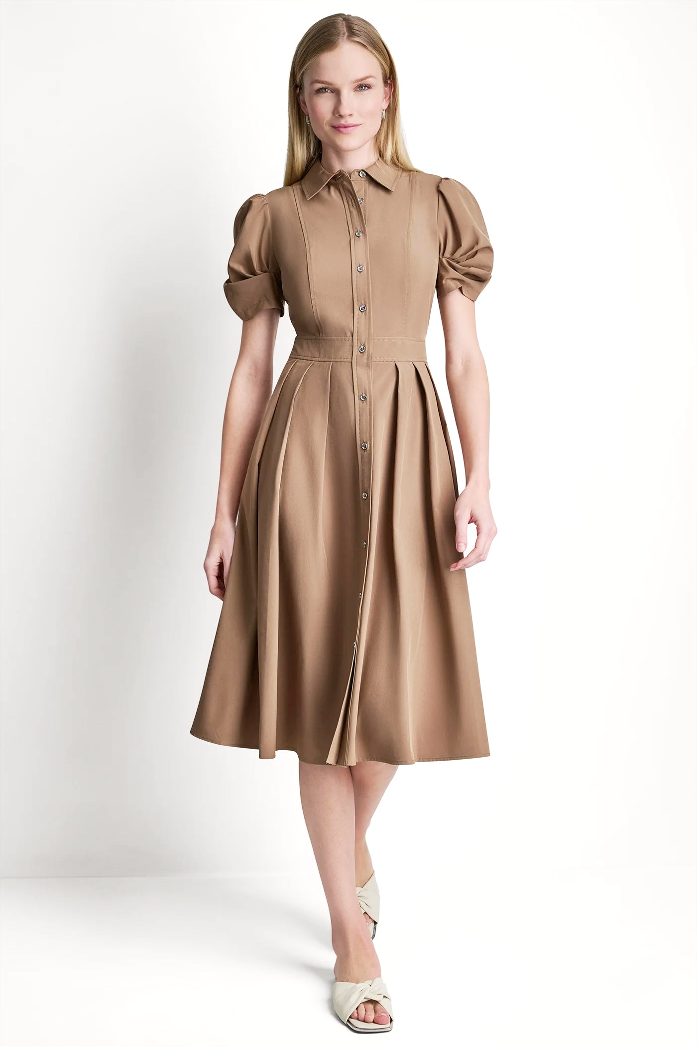 Coco Creme PUFF SLEEVE PLEATED MIDI SHIRT DRESS, VIEW 1 | Dresses Under $100