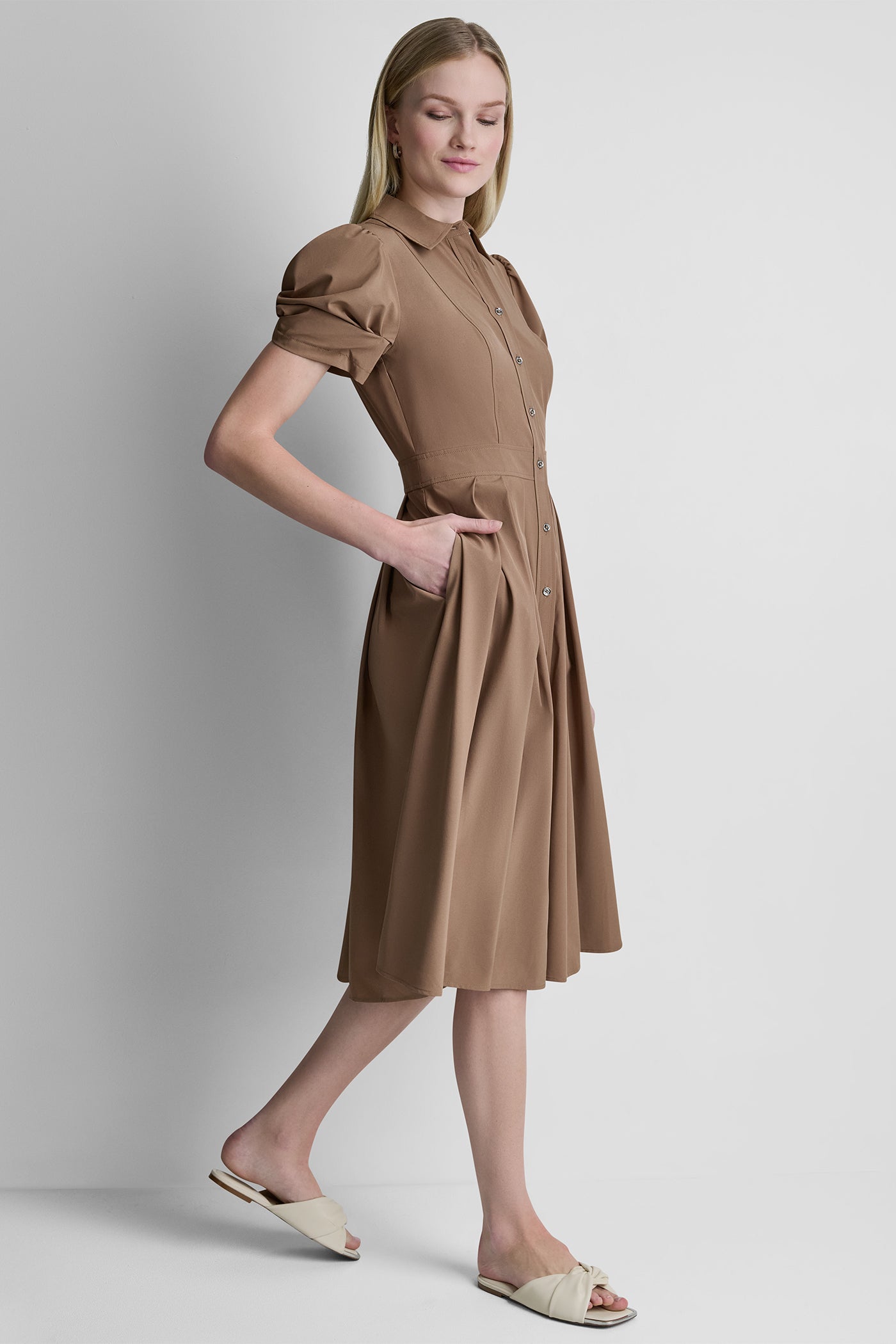 PUFF SLEEVE PLEATED MIDI SHIRT DRESS VIEW 4 | MIDI DRESSES