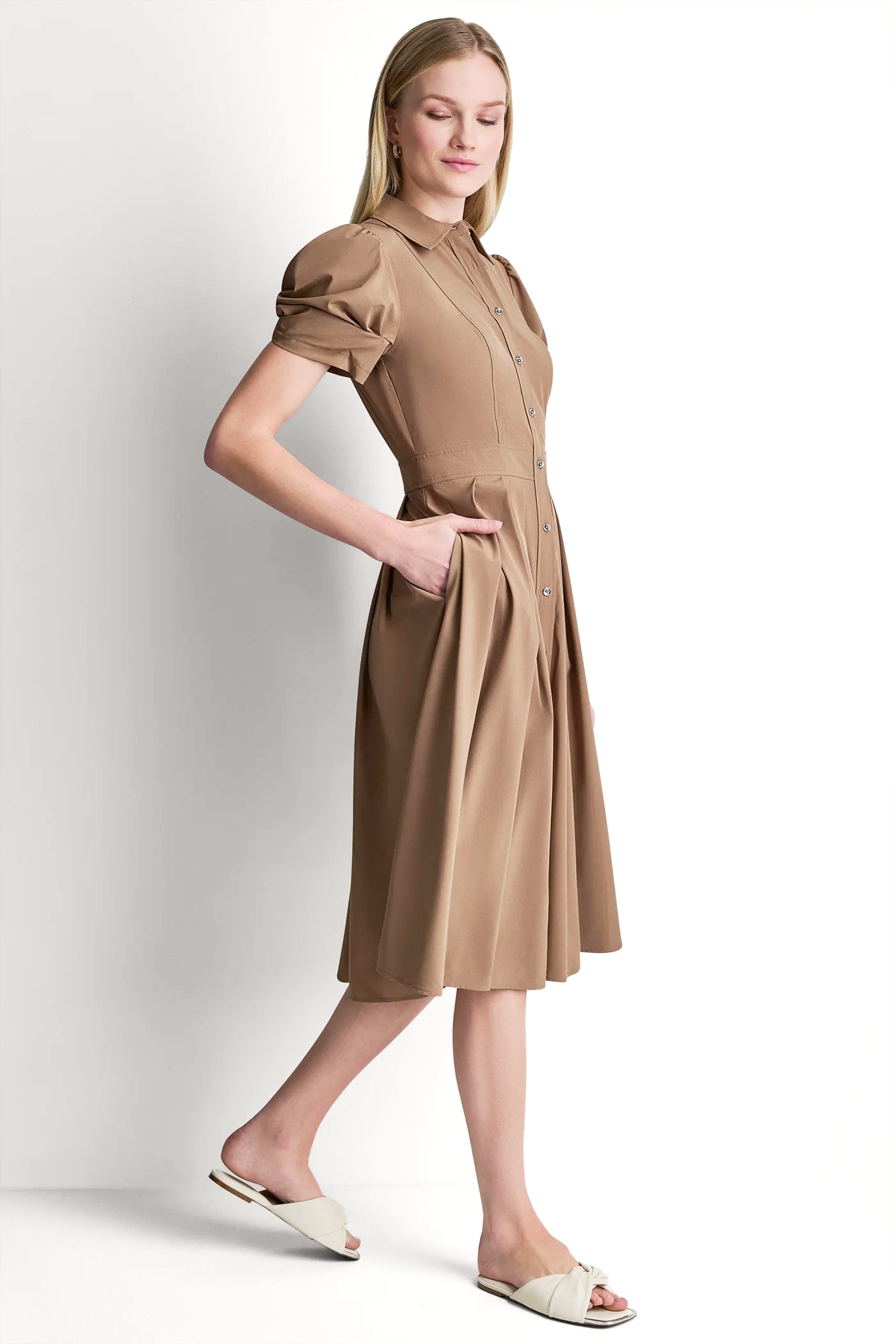 PUFF SLEEVE PLEATED MIDI SHIRT DRESS VIEW 4 | MIDI DRESSES