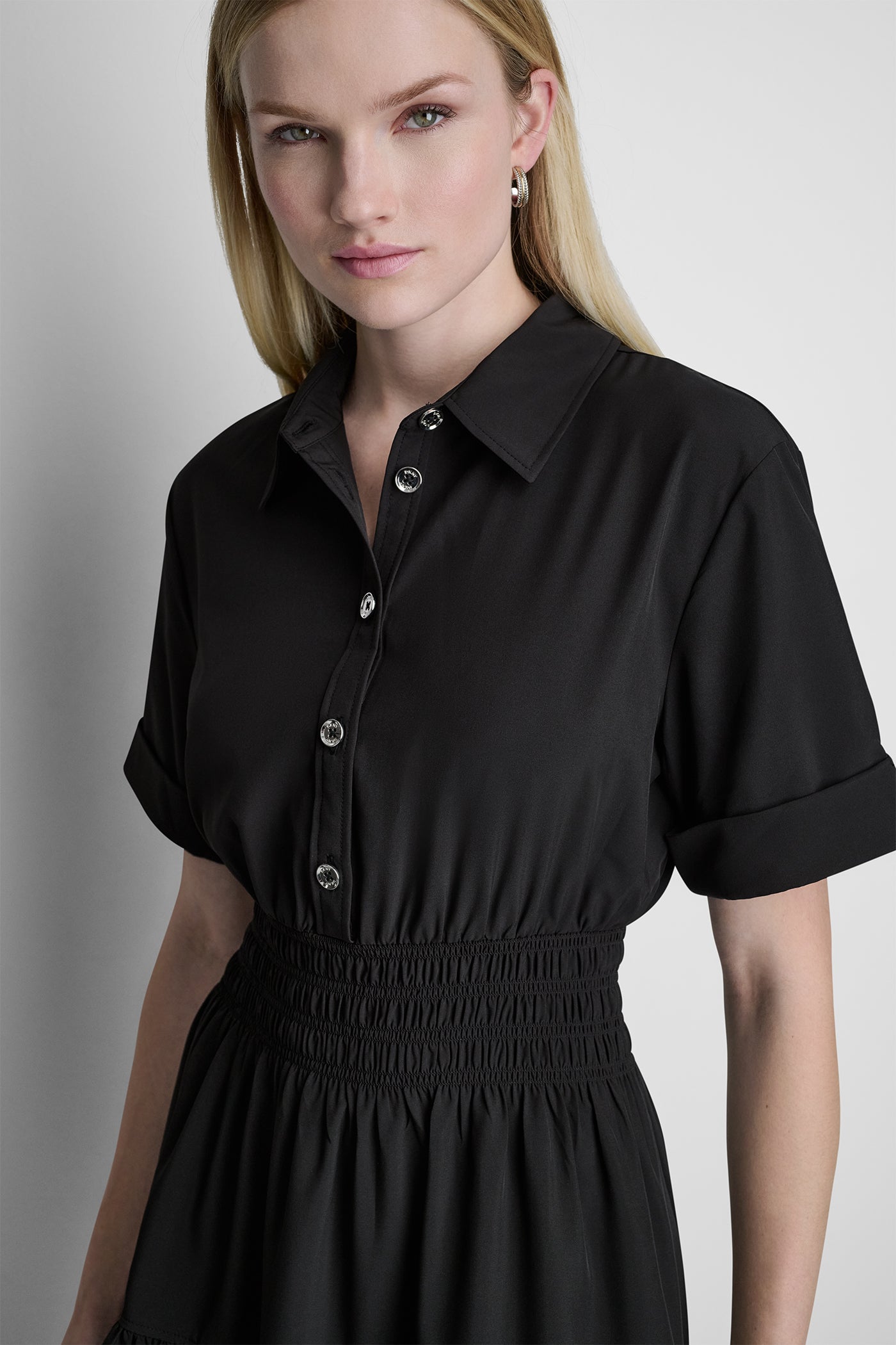 DKNY Women's Smocked Waist MINI Shirt Dress in Black