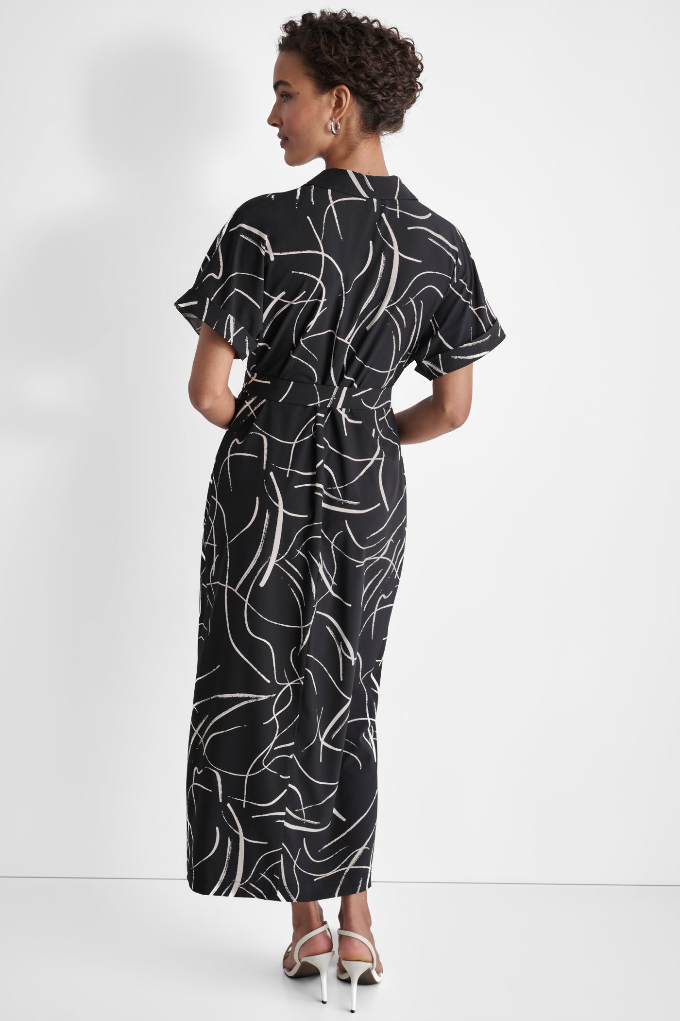 BLACK/CREAM SHORT SLEEVE RUCHED DRESS, BACK VIEW | Dresses & Jumpsuits