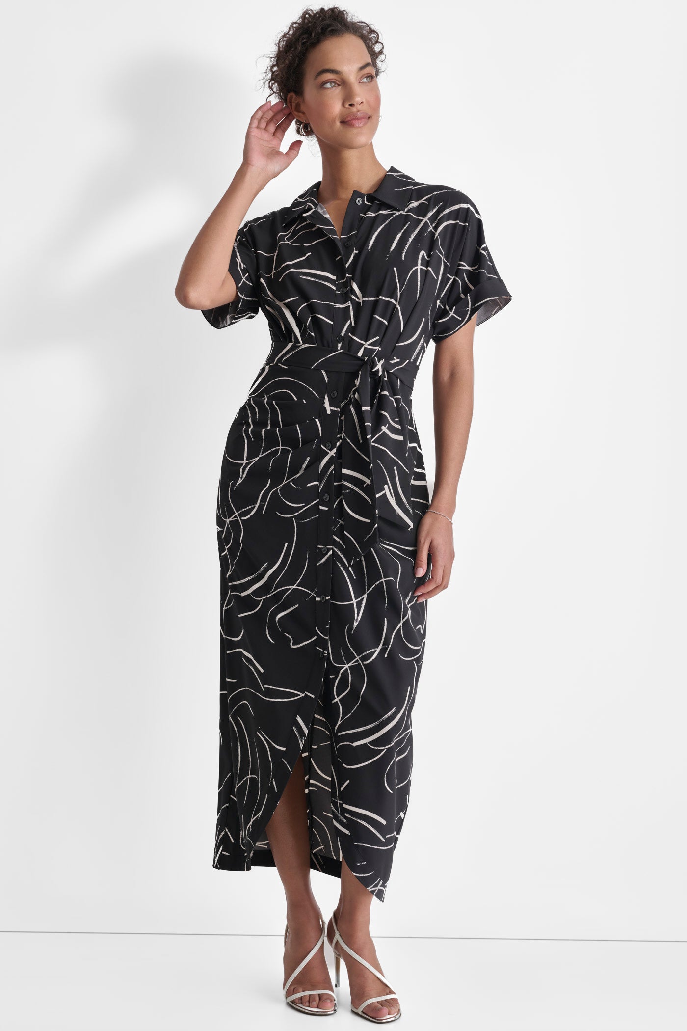 BLACK/CREAM SHORT SLEEVE RUCHED DRESS, FRONT VIEW | Dresses & Jumpsuits