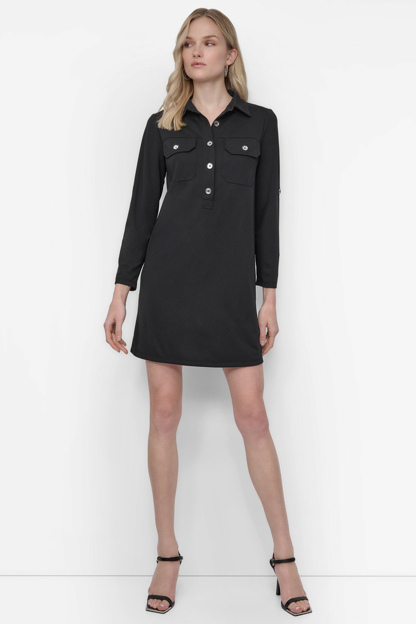 Black CARGO SHIFT POPOVER SHIRT DRESS, FRONT VIEW | SALE DRESSES