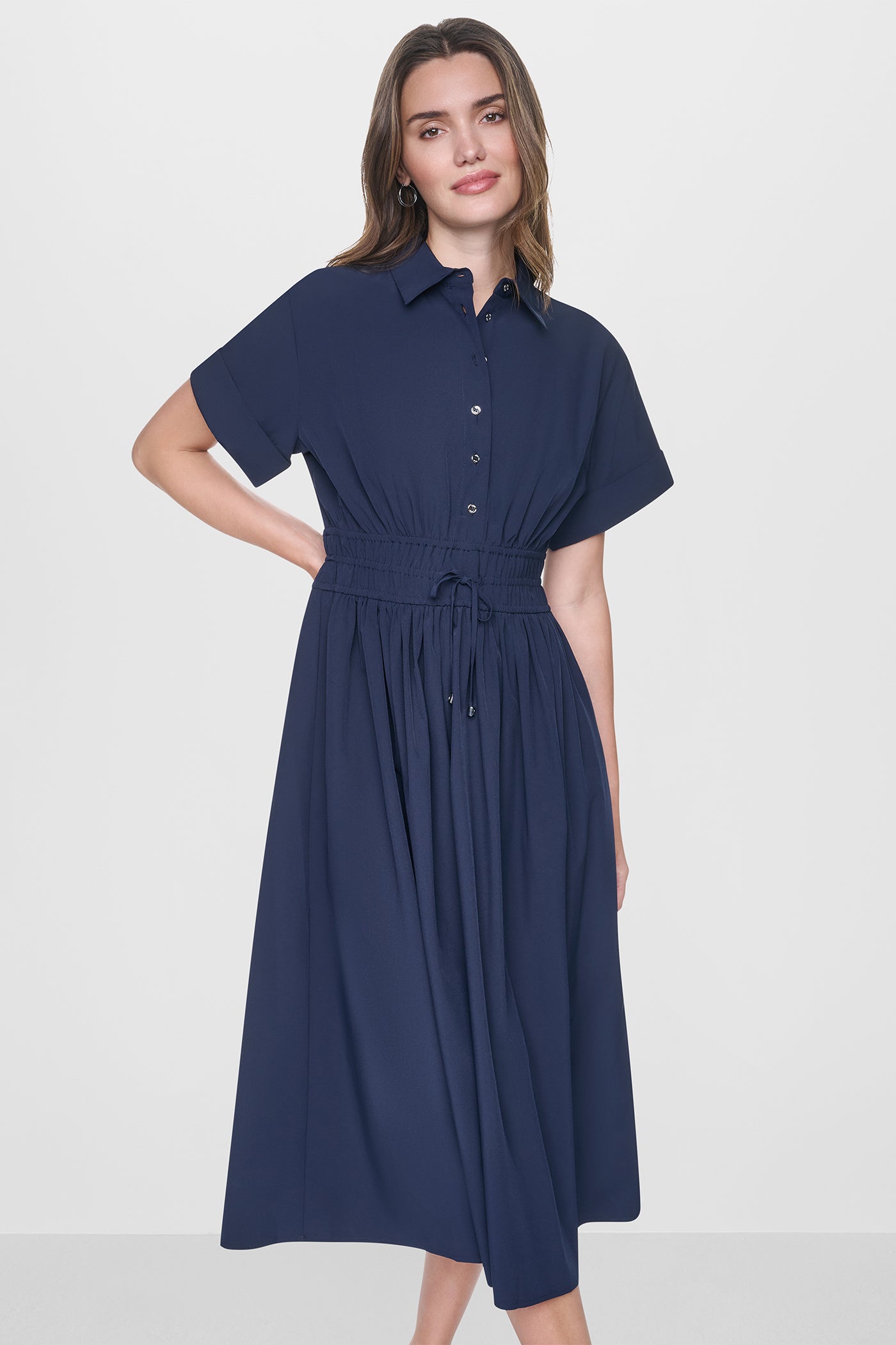 Spring Navy MIDI COMMUTER SHIRT DRESS, VIEW 1 | All Products