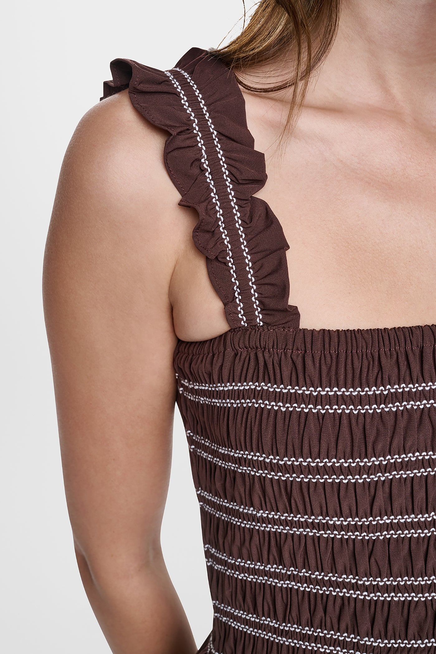 DKNY Women's Sleeveless Smocked Midi A-Line Dress in Java DKNY Women's Sleeveless Smocked Midi A-Line Dress in Java