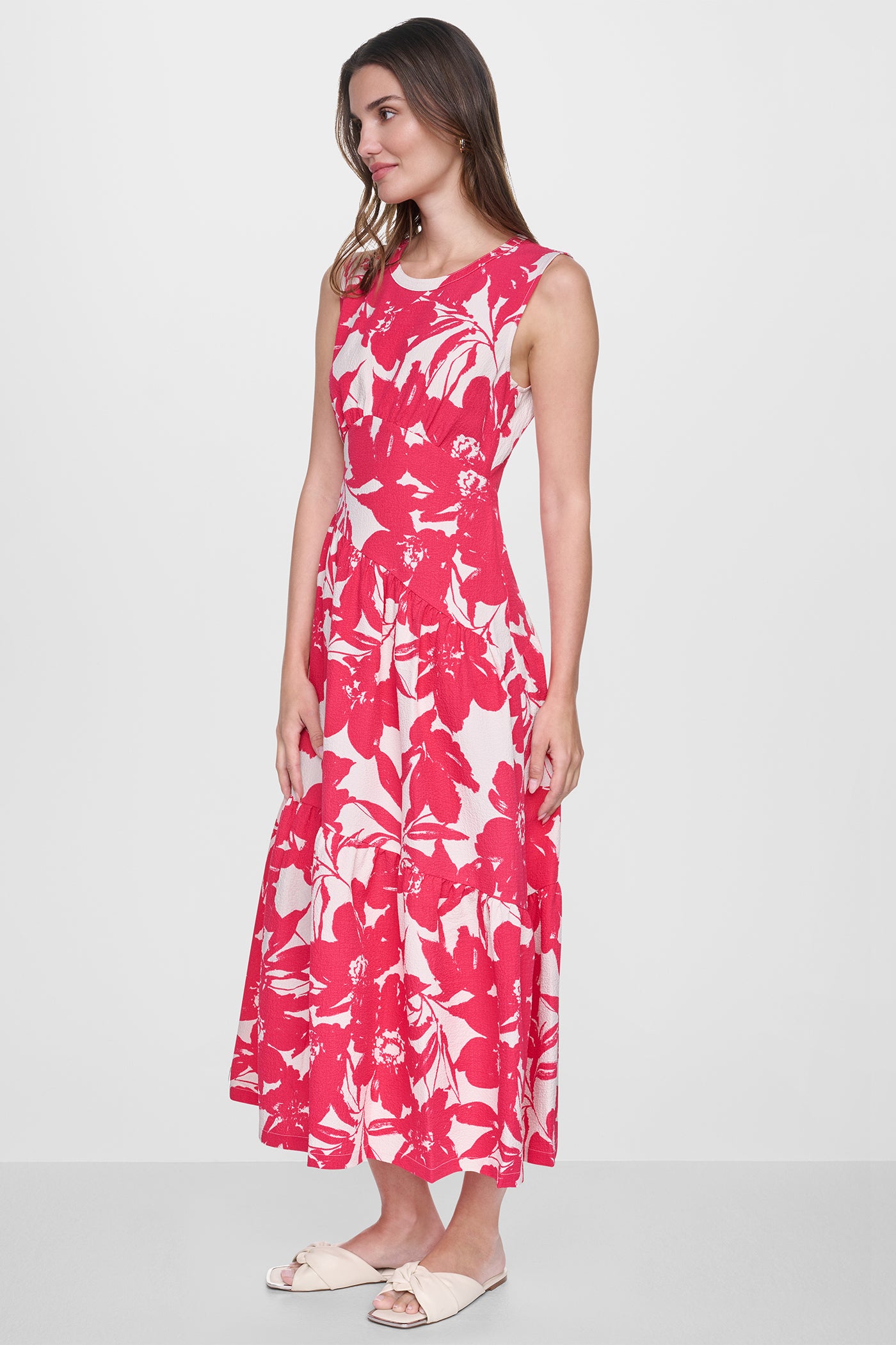 DKNY Women's Jewel NECK Printed Midi Dress in Fruit Punch/Light City Khaki