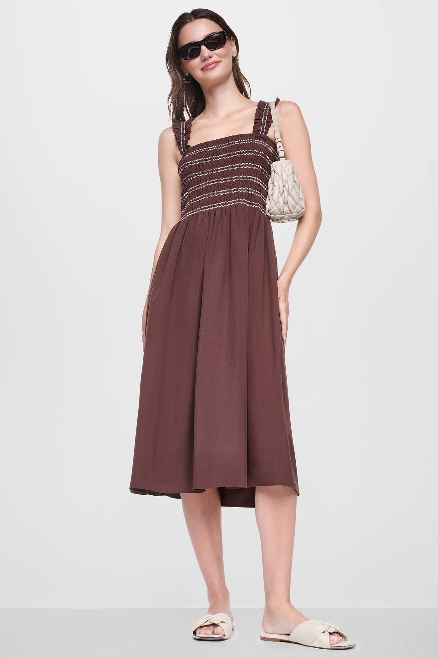 DKNY Women's Sleeveless Smocked Midi A-Line Dress in Java DKNY Women's Sleeveless Smocked Midi A-Line Dress in Java