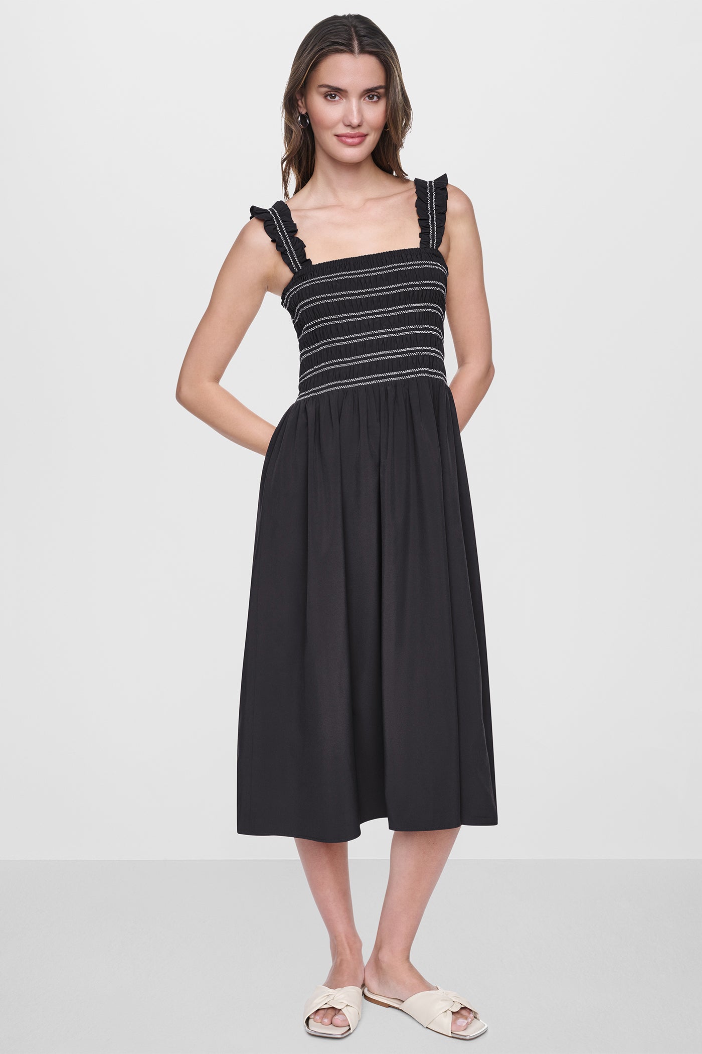 DKNY Women's Sleeveless Smocked Midi A-Line Dress in Black