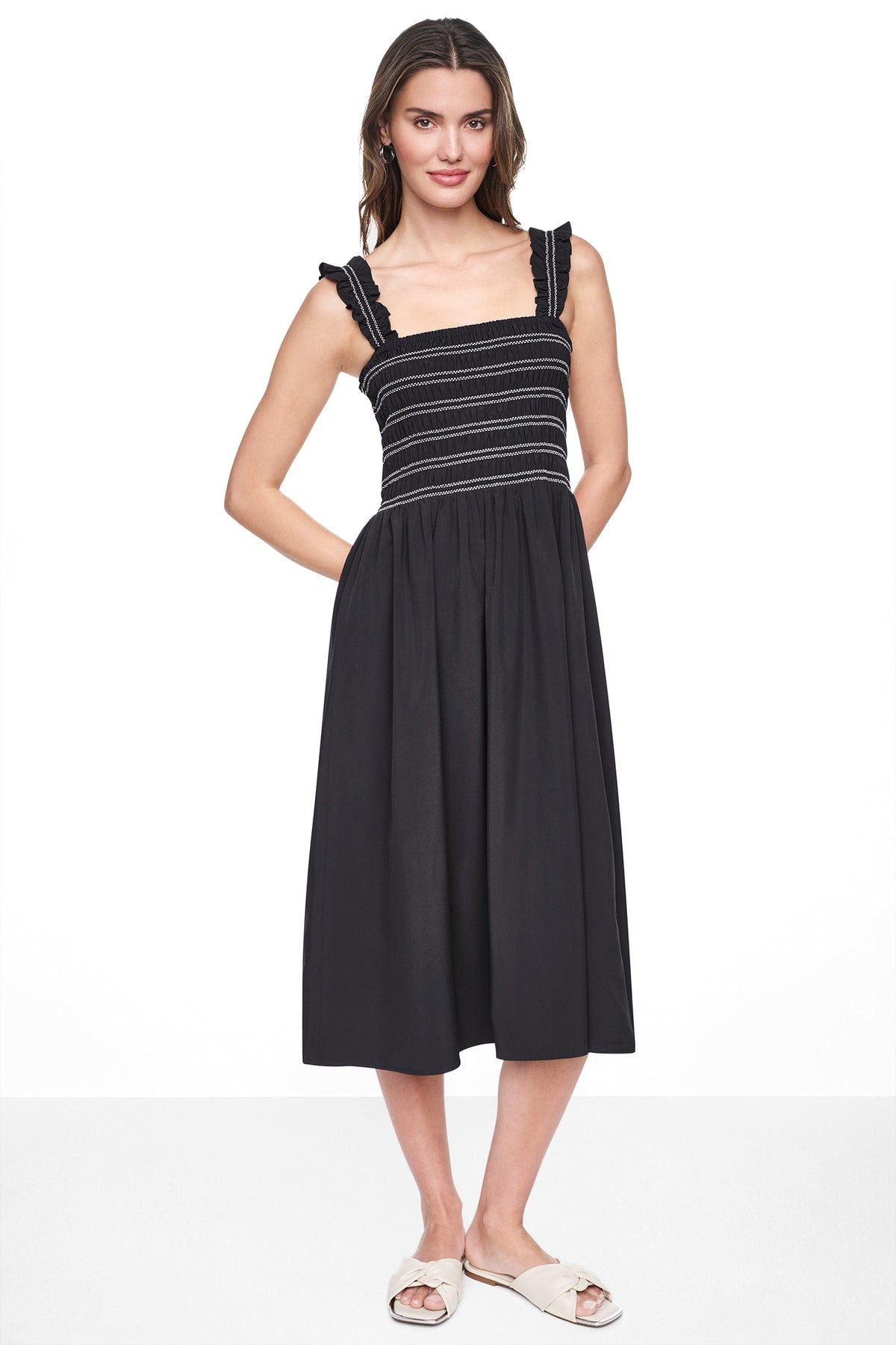 SLEEVELESS SMOCKED MIDI A-LINE DRESS VIEW 2