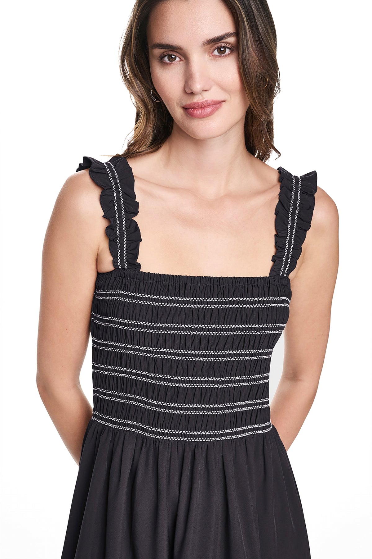 SLEEVELESS SMOCKED MIDI A-LINE DRESS VIEW 2