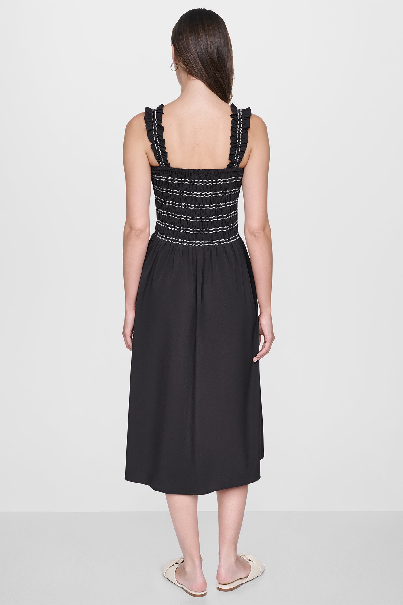 SLEEVELESS SMOCKED MIDI A-LINE DRESS VIEW 3 | New clothing