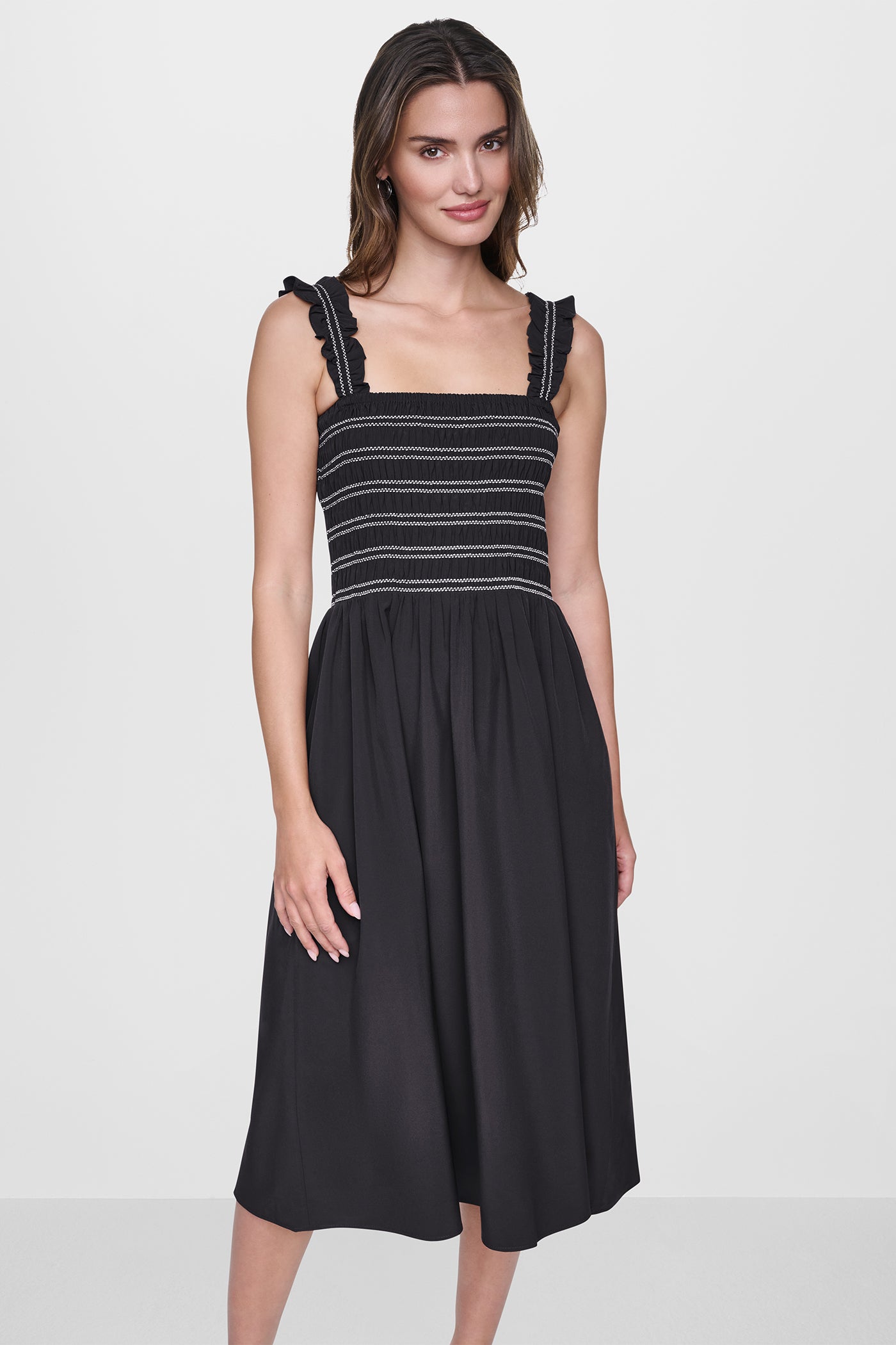 Black SLEEVELESS SMOCKED MIDI A-LINE DRESS, FRONT VIEW | Dresses & Jumpsuits