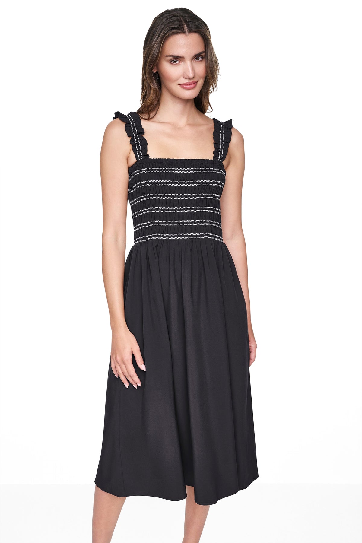 SLEEVELESS SMOCKED MIDI A-LINE DRESS VIEW 1