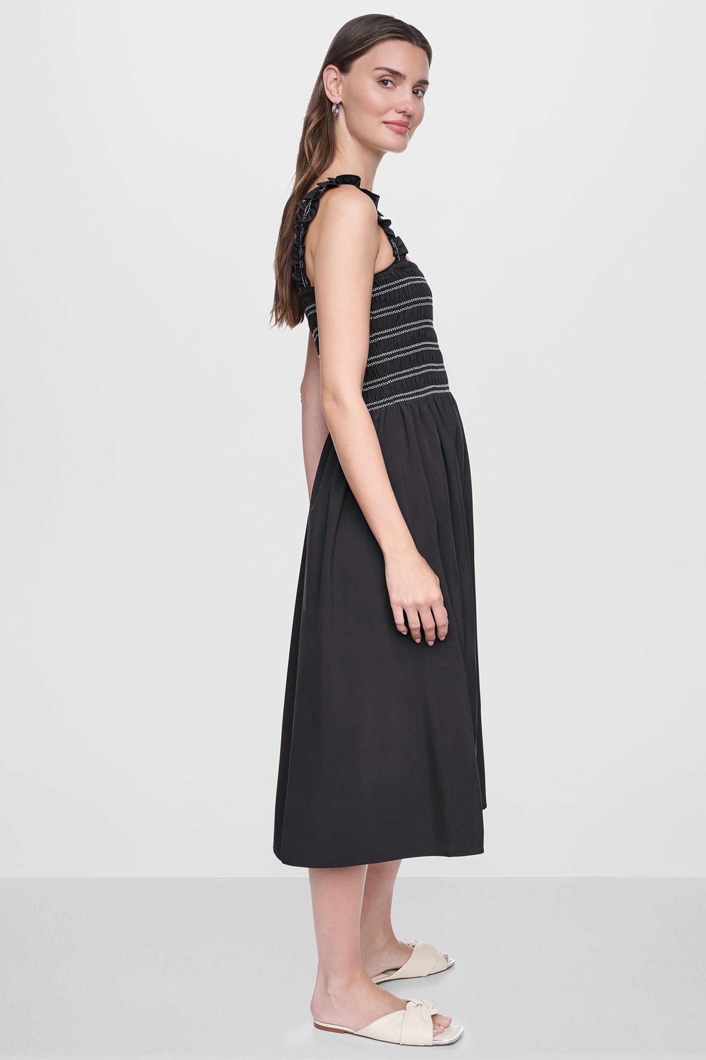 SLEEVELESS SMOCKED MIDI A-LINE DRESS VIEW 4 | New clothing