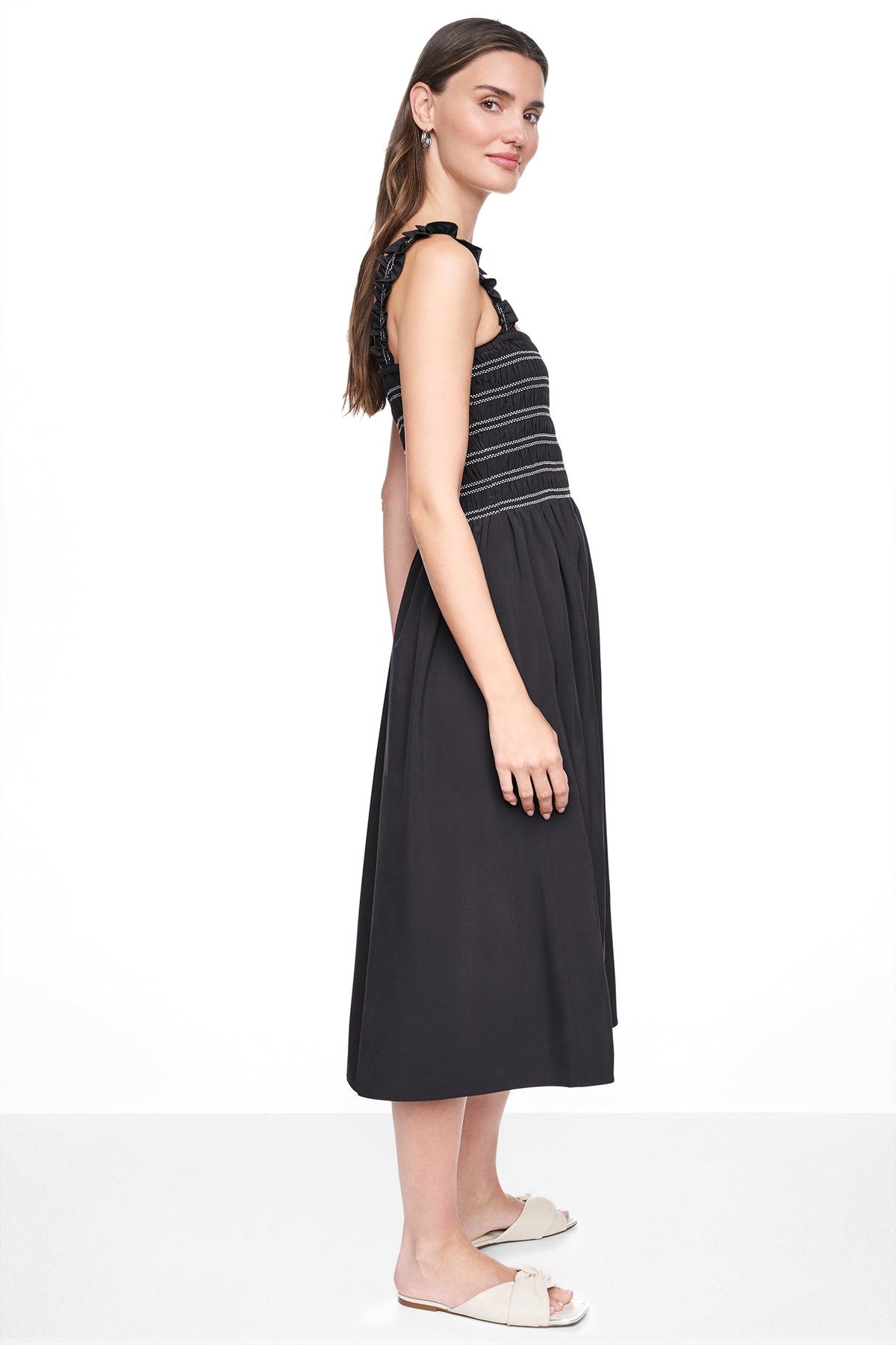 SLEEVELESS SMOCKED MIDI A-LINE DRESS VIEW 2