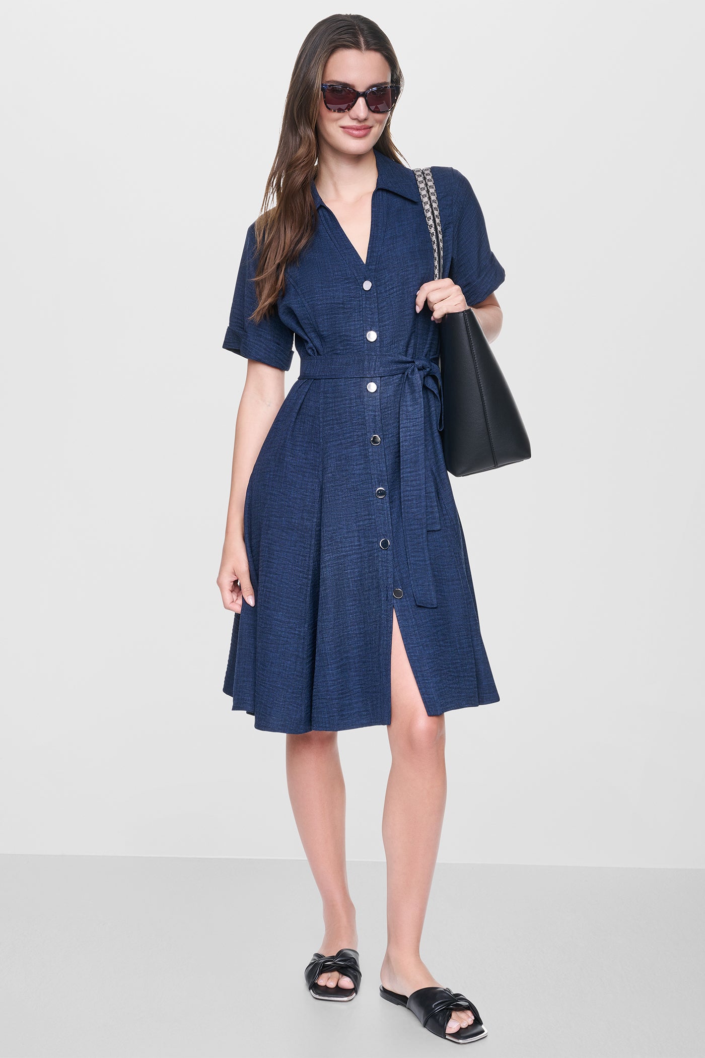 Indigo MIDI A-LINE SHIRT DRESS, VIEW 1 | New clothing