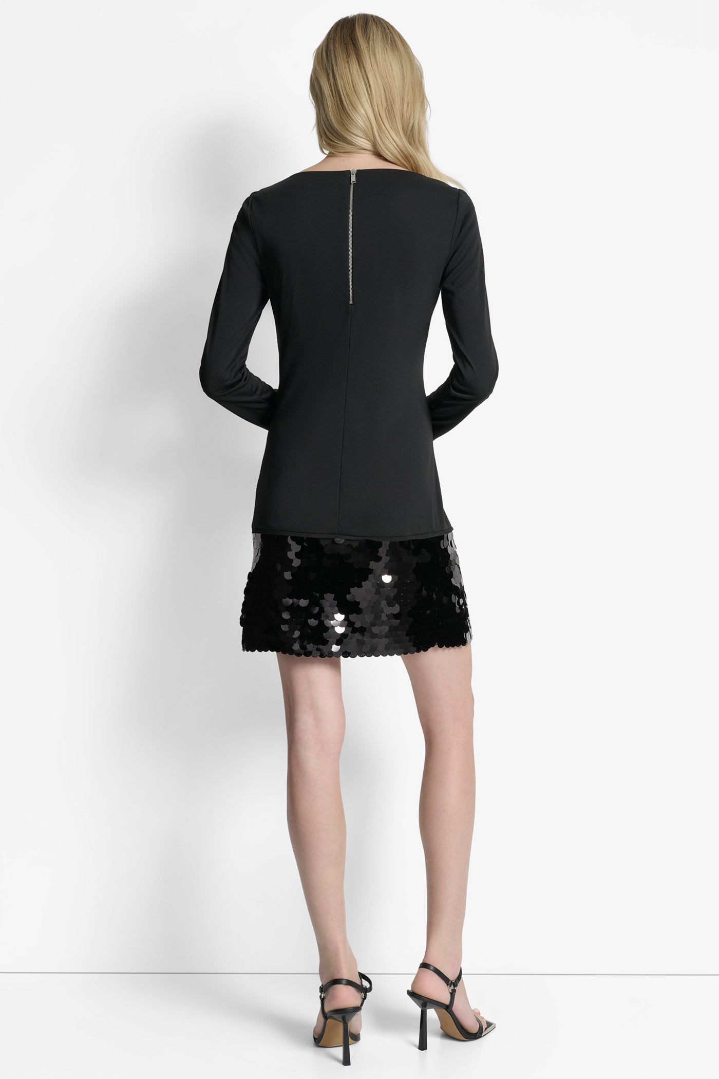 BLACK/BLACK SLEEK BOAT NECK LONG SLEEVE DRESS, BACK VIEW | Dresses & Jumpsuits