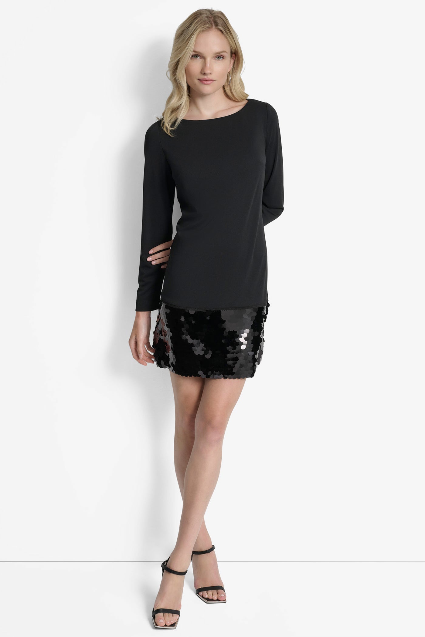 BLACK/BLACK SLEEK BOAT NECK LONG SLEEVE DRESS, FRONT VIEW | Dresses & Jumpsuits