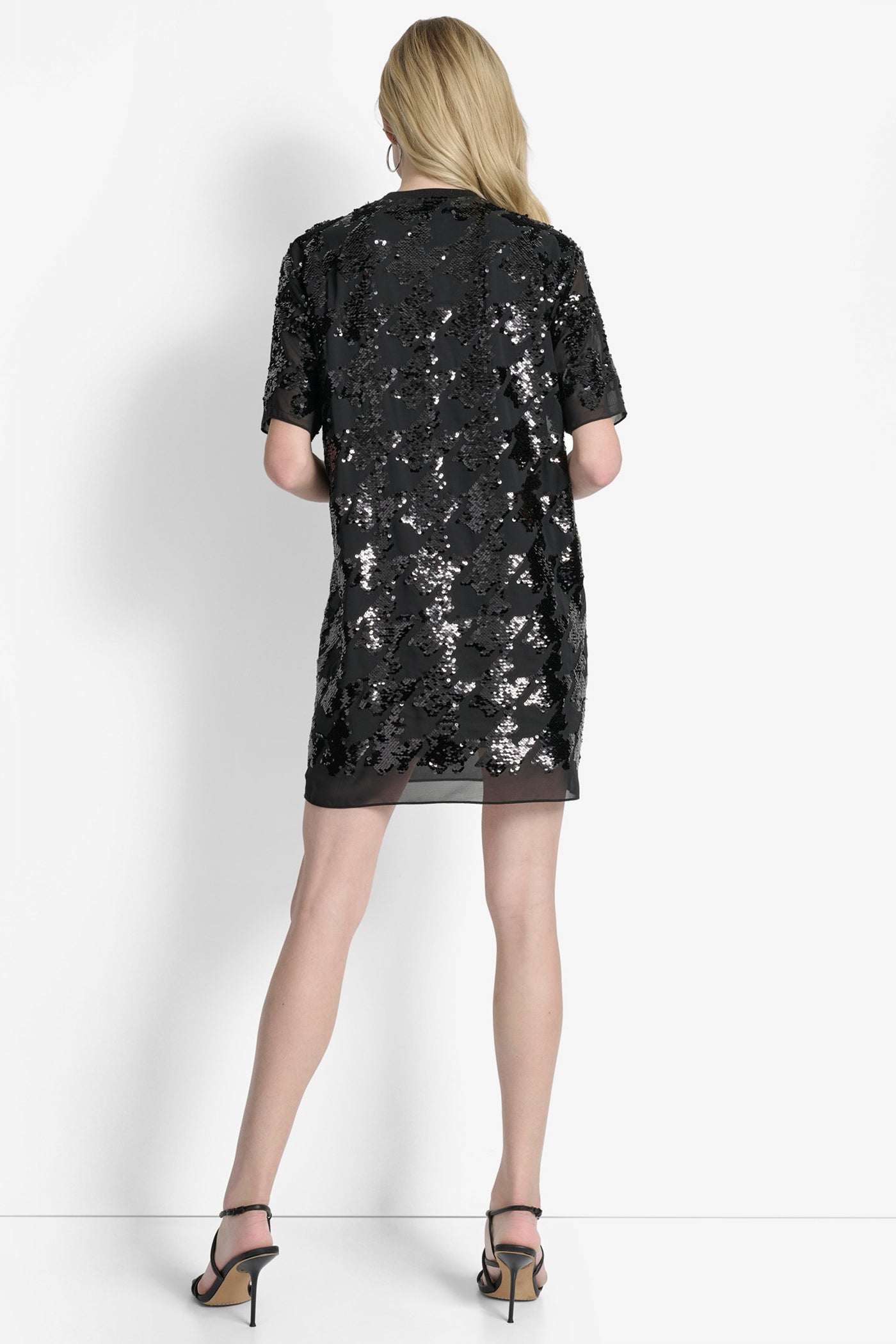 BLACK/ BLACK SHORT SLEEVE HOUNDSTOOTH JEWEL NECK TUNIC, BACK VIEW | New Arrivals