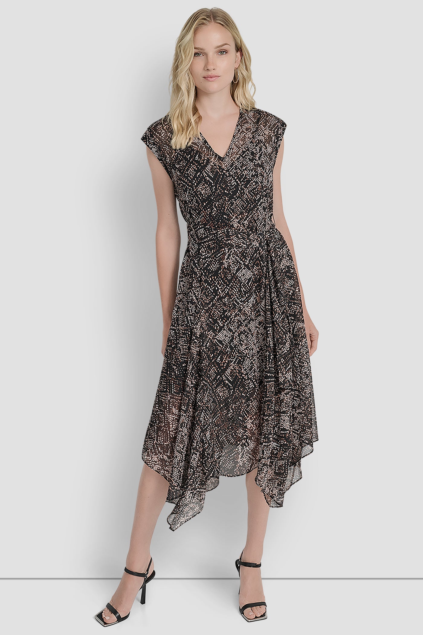Black Multi SLEEVLESS V-NECK MIDI, VIEW 1 | Dresses & Jumpsuits