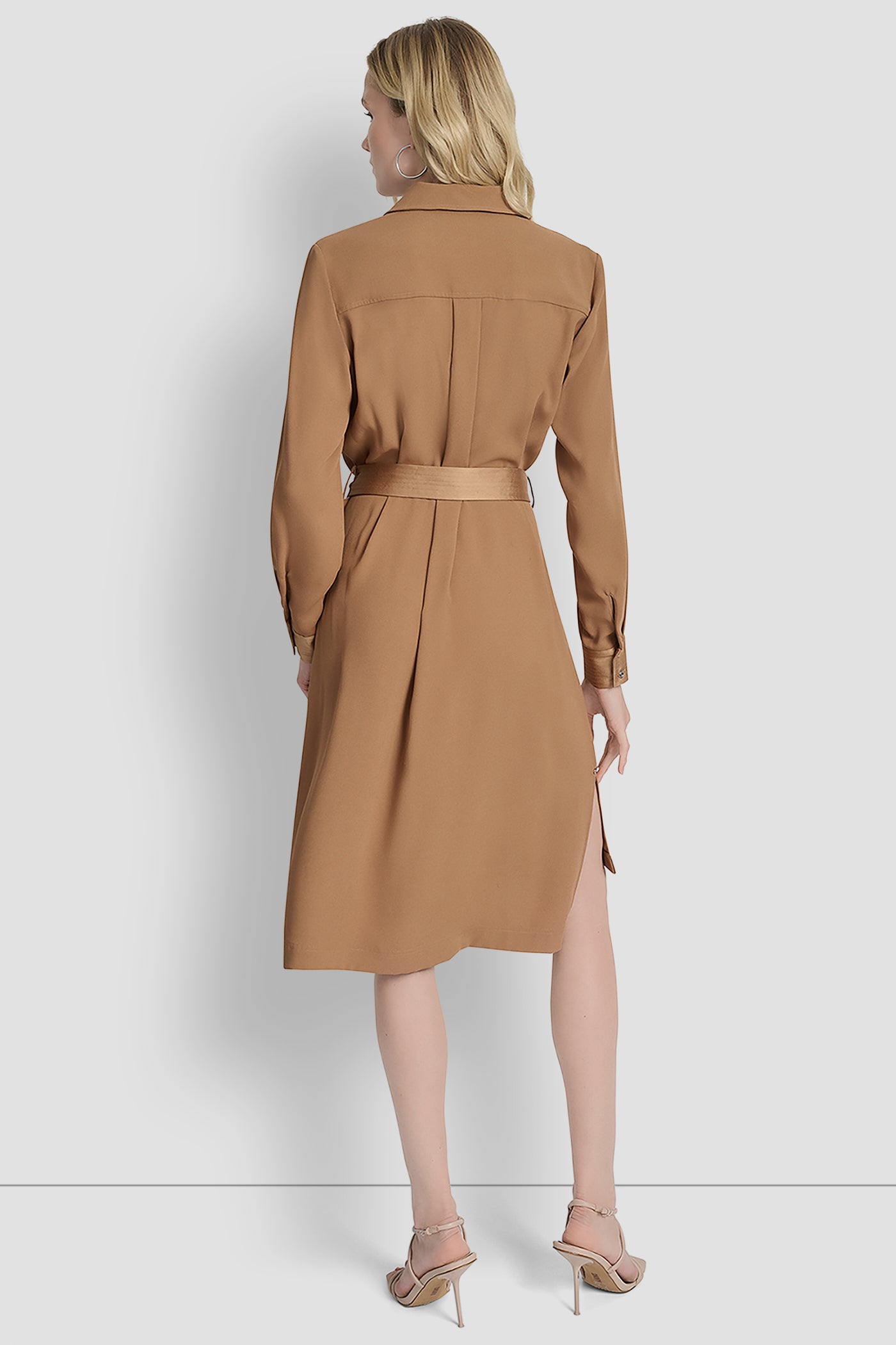 Brown LONG SLEEVE SHIRT DRESS WITH BELT, BACK VIEW | New Arrivals
