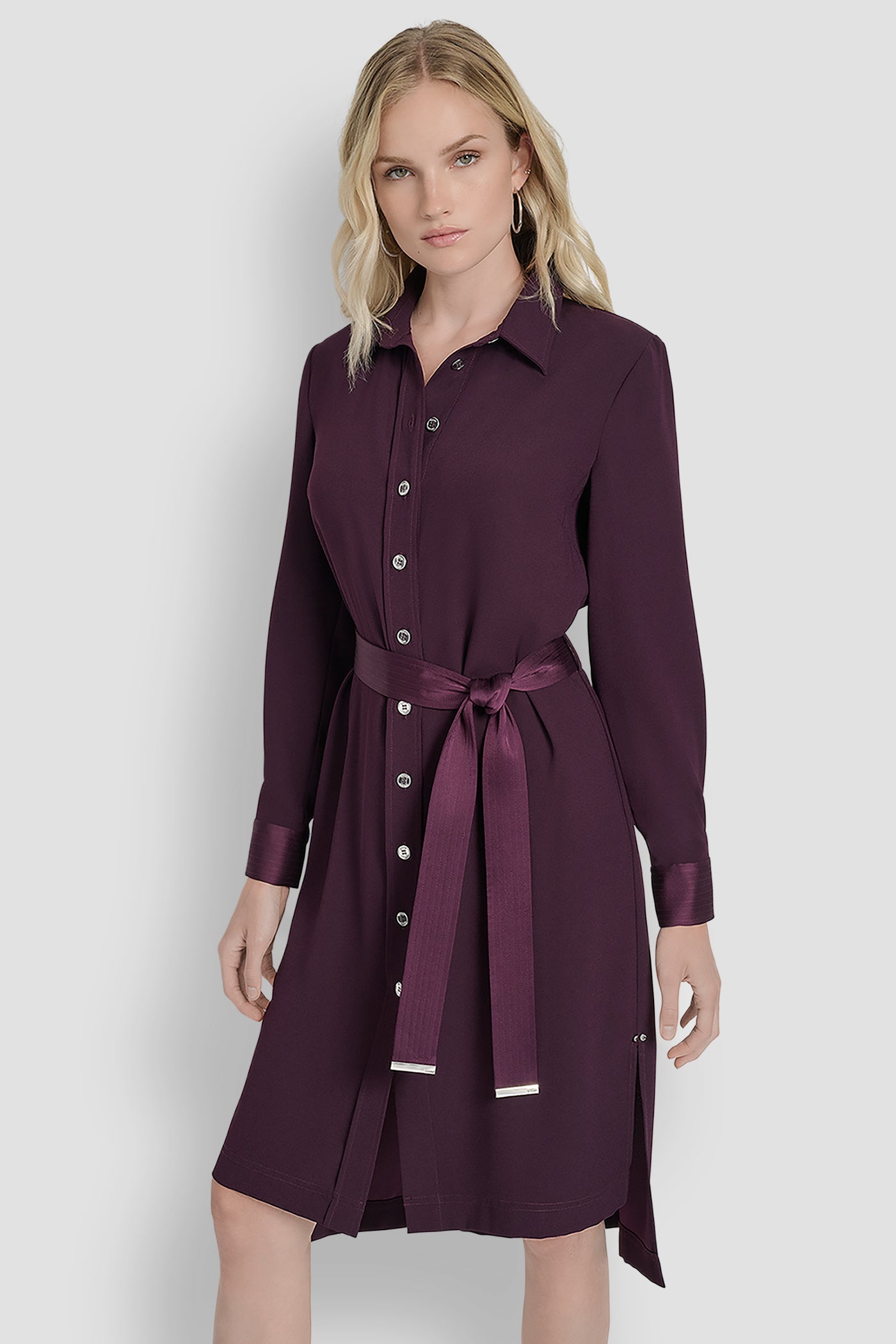 Purple LONG SLEEVE SHIRT DRESS WITH BELT, FRONT VIEW | New Arrivals