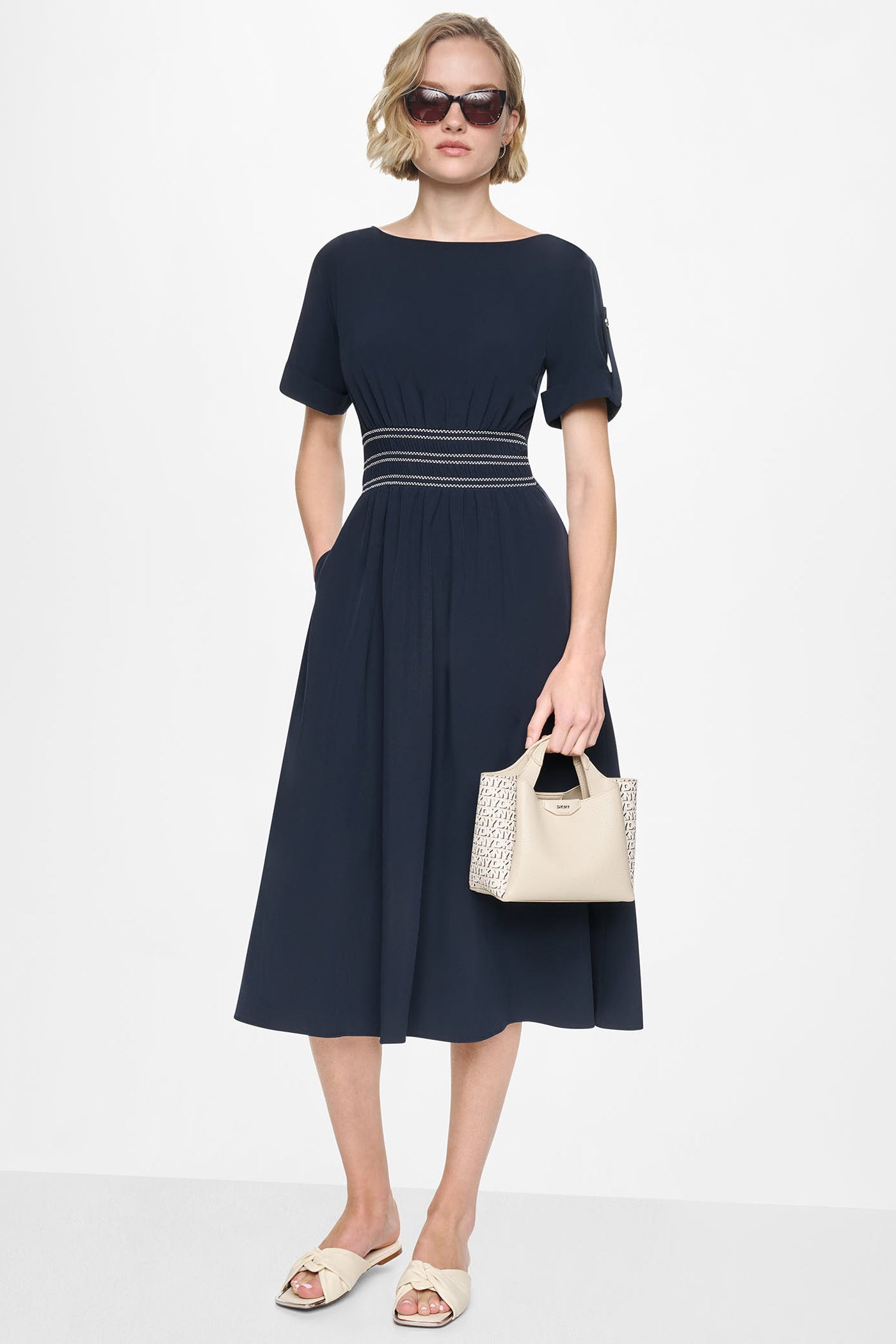 Indigo SMOCKED FIT & FLARE MIDI DRESS, VIEW 1 | Dresses & Jumpsuits