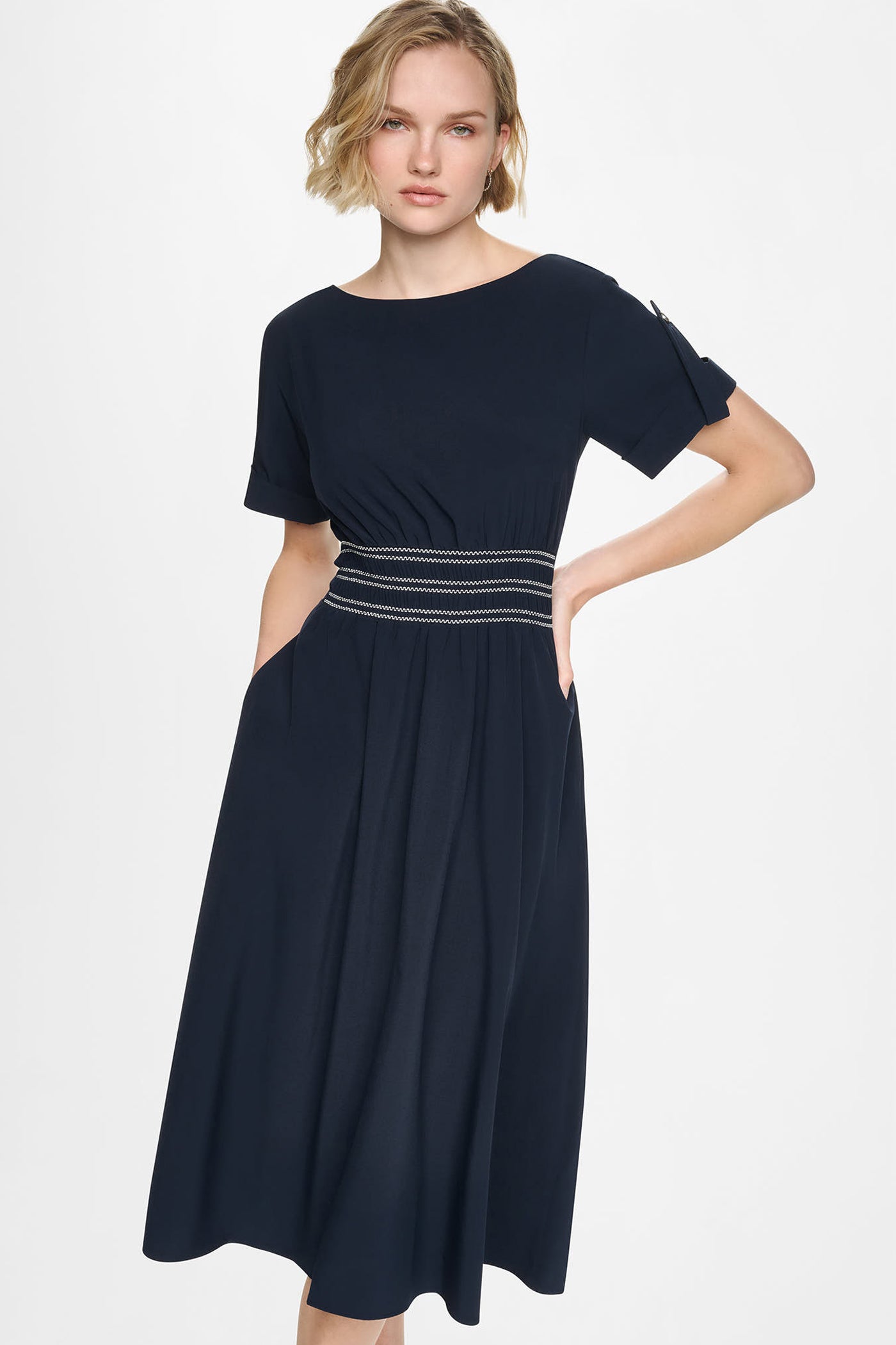 Indigo SMOCKED FIT & FLARE MIDI DRESS, VIEW 2 | Dresses & Jumpsuits