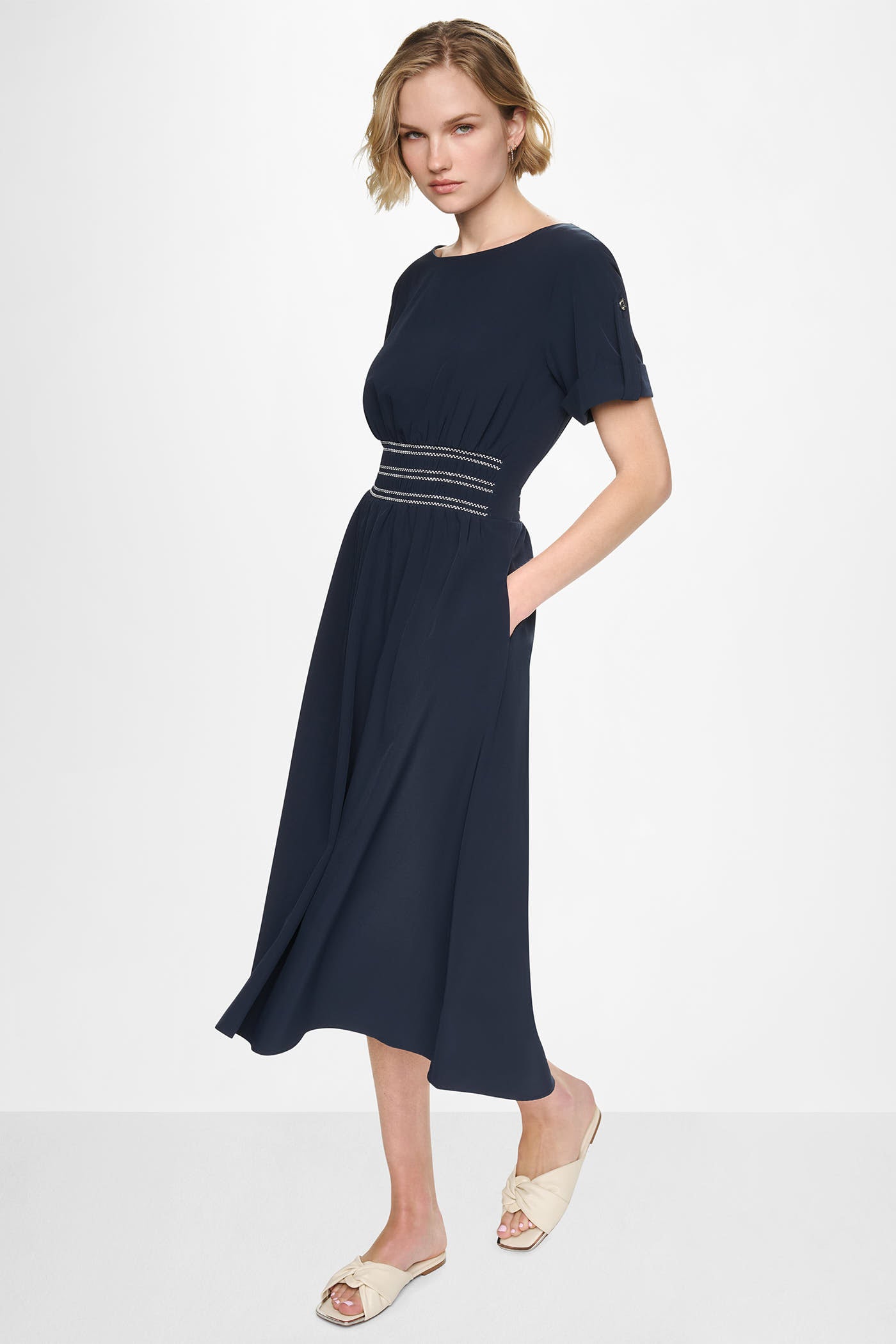 SMOCKED FIT & FLARE MIDI DRESS VIEW 4 | MIDI DRESSES