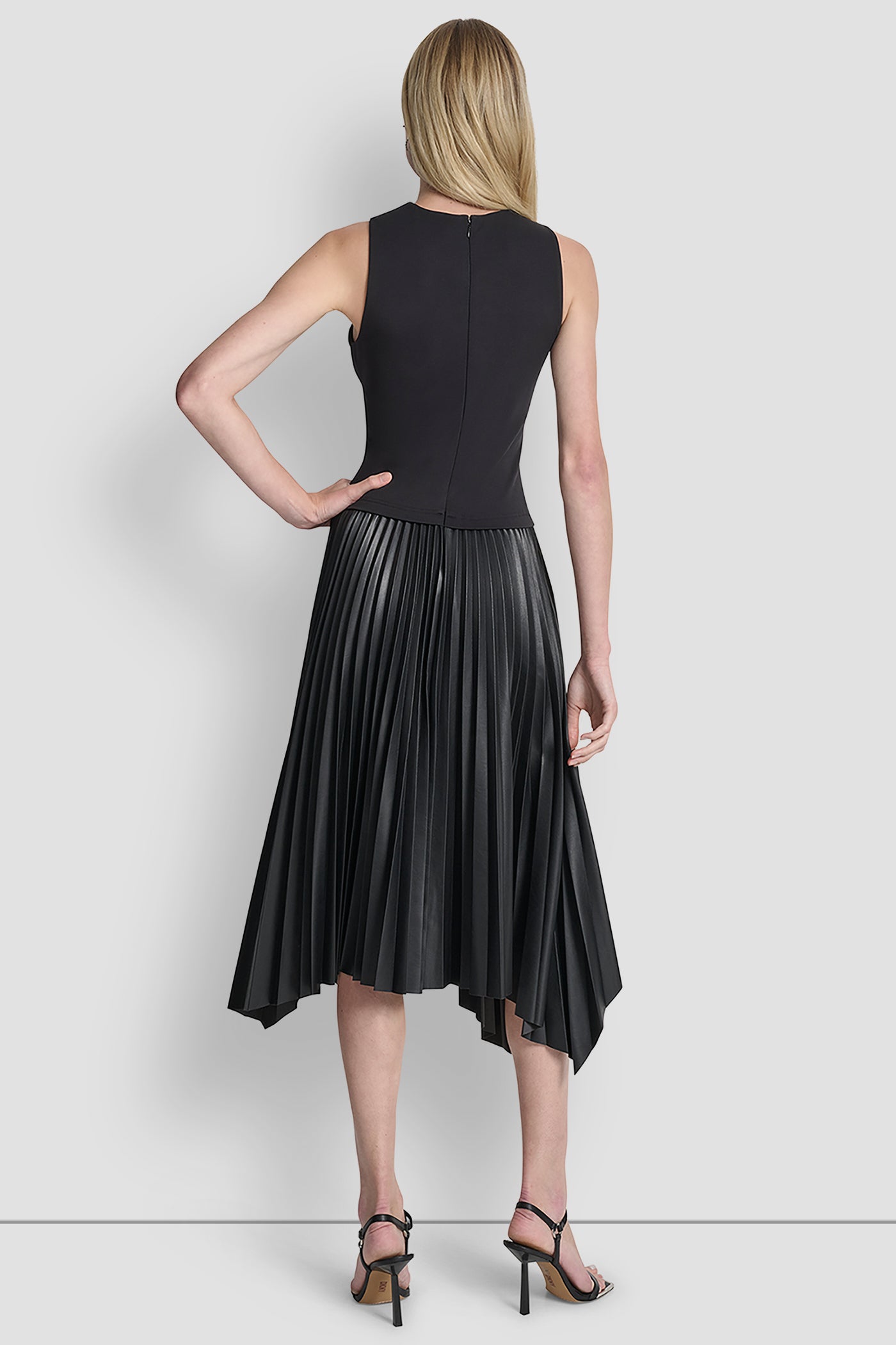 BLACK/ BLACK SLEEVELESS V NECK TOP WITH PLEATED SKIRT, BACK VIEW | Dresses & Jumpsuits