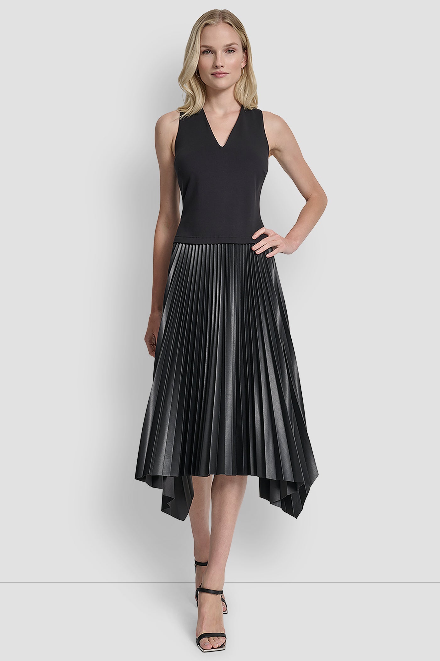BLACK/ BLACK SLEEVELESS V NECK TOP WITH PLEATED SKIRT, FRONT VIEW | Dresses & Jumpsuits