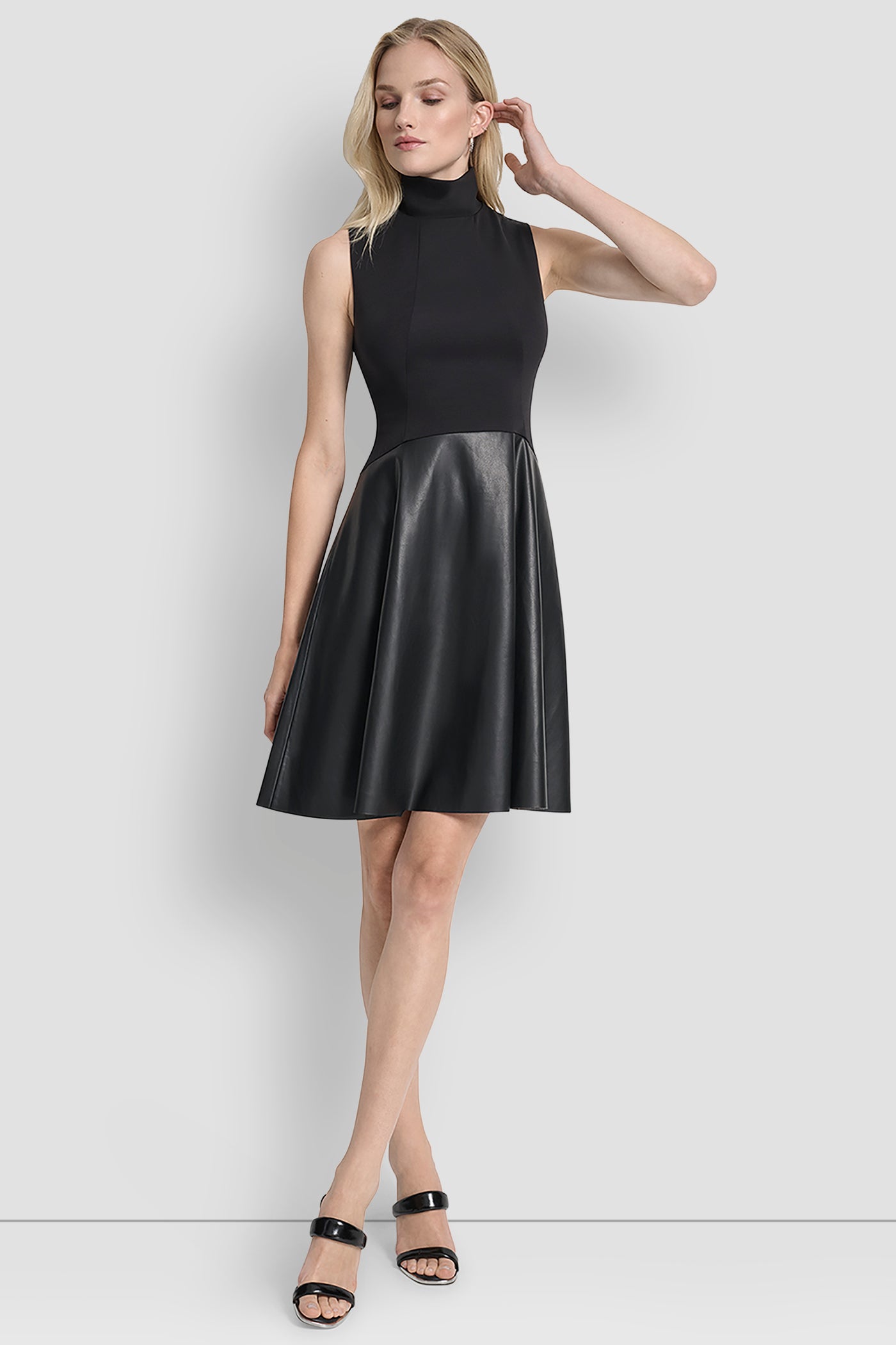 BLACK/BLACK SLEEVELESS MOCK NECK SKATER DRESS, FRONT VIEW | Dresses & Jumpsuits