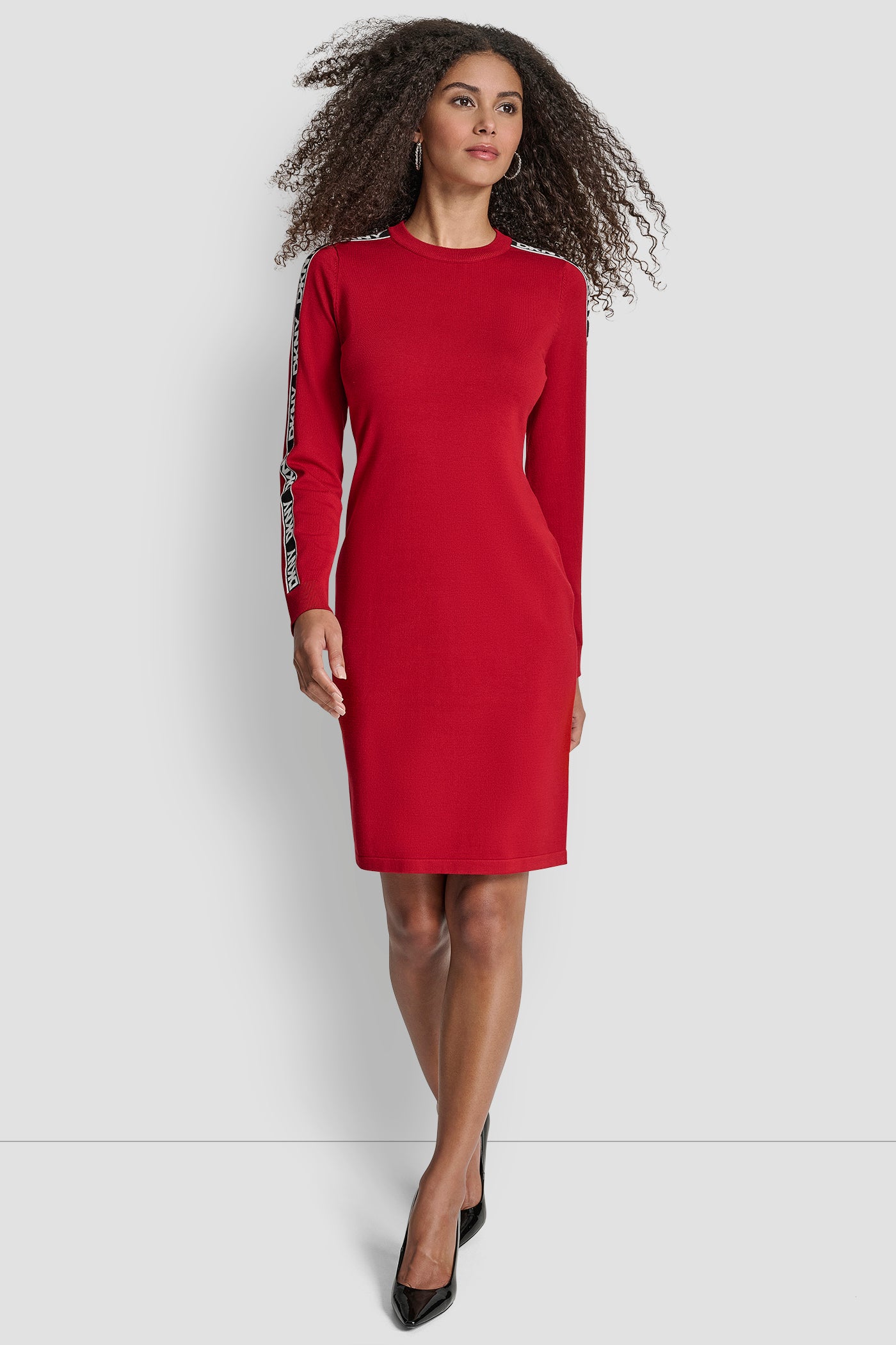 SCARLET/BLACK/IVORY SLEEVE LOGO DRESS, VIEW 1 | New Arrivals