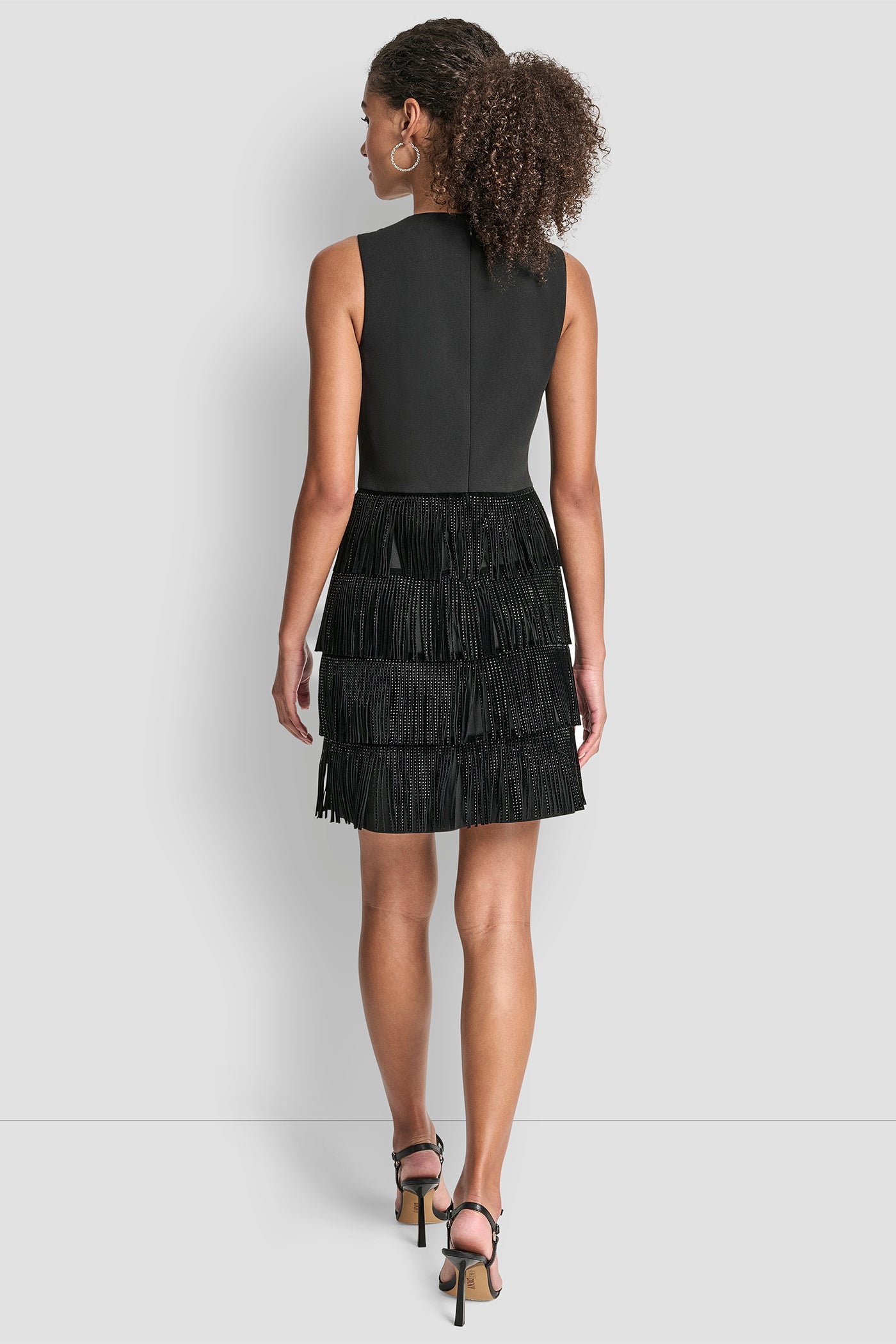 Black SLEEVELESS SHIFT DRESS WITH TIERED SKIRT, BACK VIEW | DKNY Promo