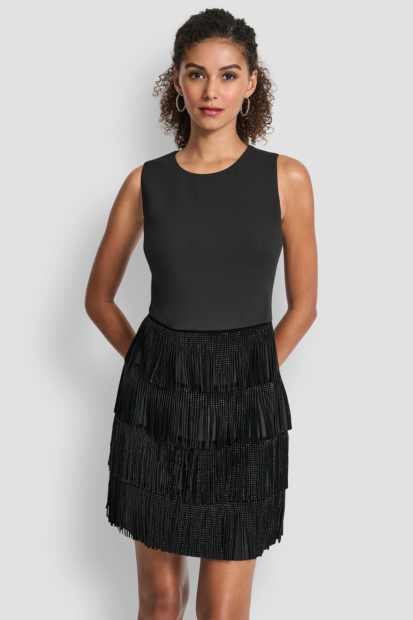 Black SLEEVELESS SHIFT DRESS WITH TIERED SKIRT, FRONT VIEW | DKNY Promo