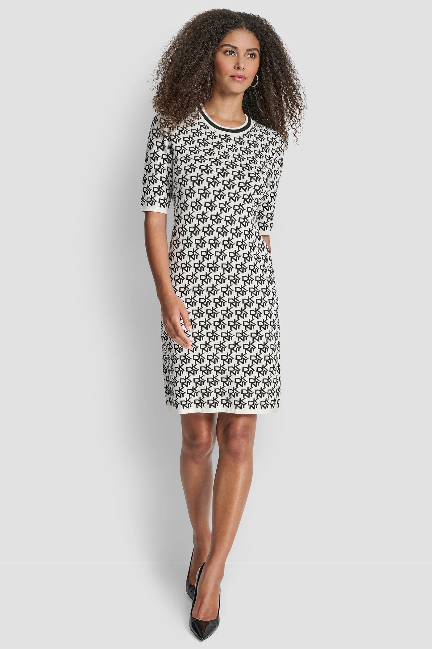 IVORY/BLACK SHORT SLEEVE LOGO INTARSIA SWEATER DRESS, VIEW 1 | Dresses & Jumpsuits