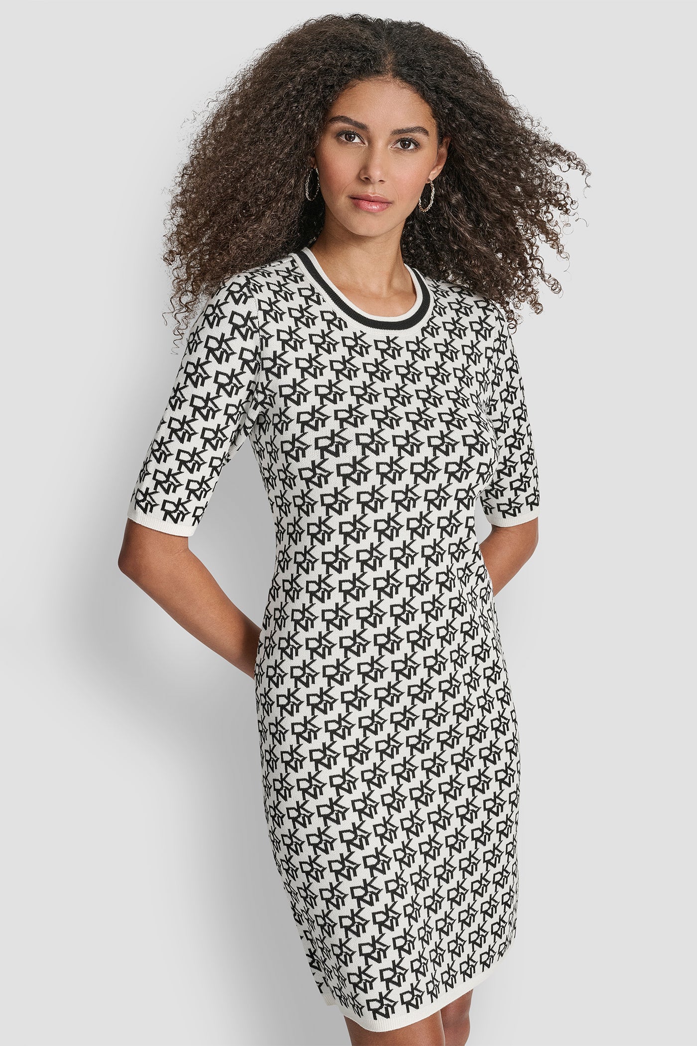 Short Sleeve Logo Intarsia Sweater Dress | Bodycon | DKNY Short Sleeve Logo Intarsia Sweater Dress | Bodycon | DKNY